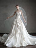 Strapless Draped Satin Wedding Dress, Handmade 3D Rose Ball Gown Bridal Gown With Train