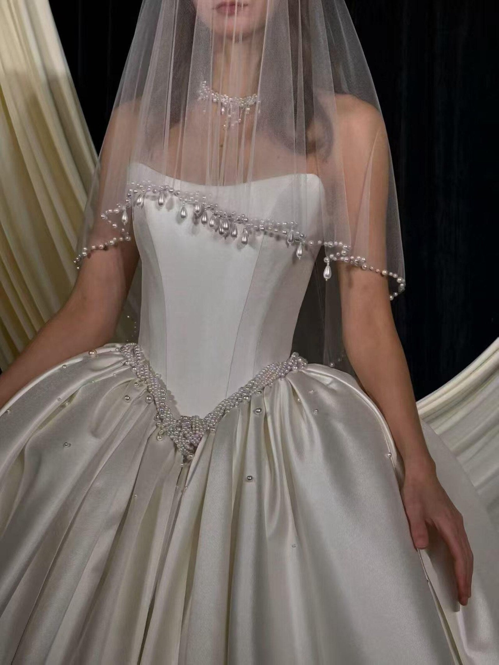 Strapless Gloss Satin Ball Gown Wedding Dress Hand Beaded Pearl Waist Bridal Gown