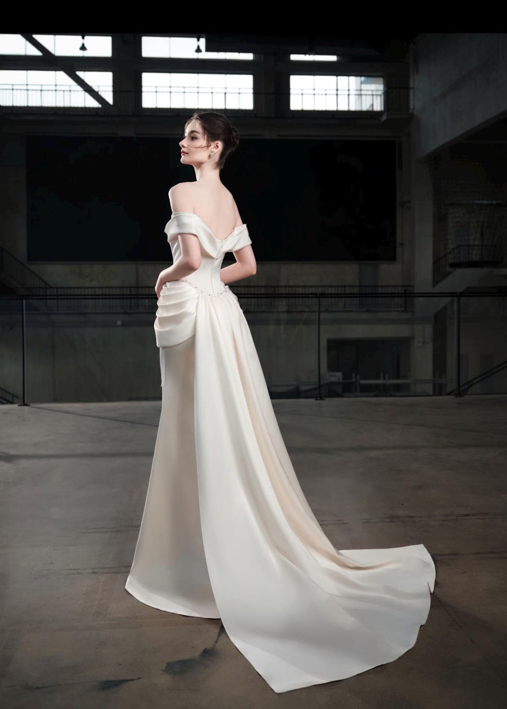 Off Shoulder Satin Mermaid Wedding Dress Draped Fold Waist Crystal Tassel Bridal Gown With Train