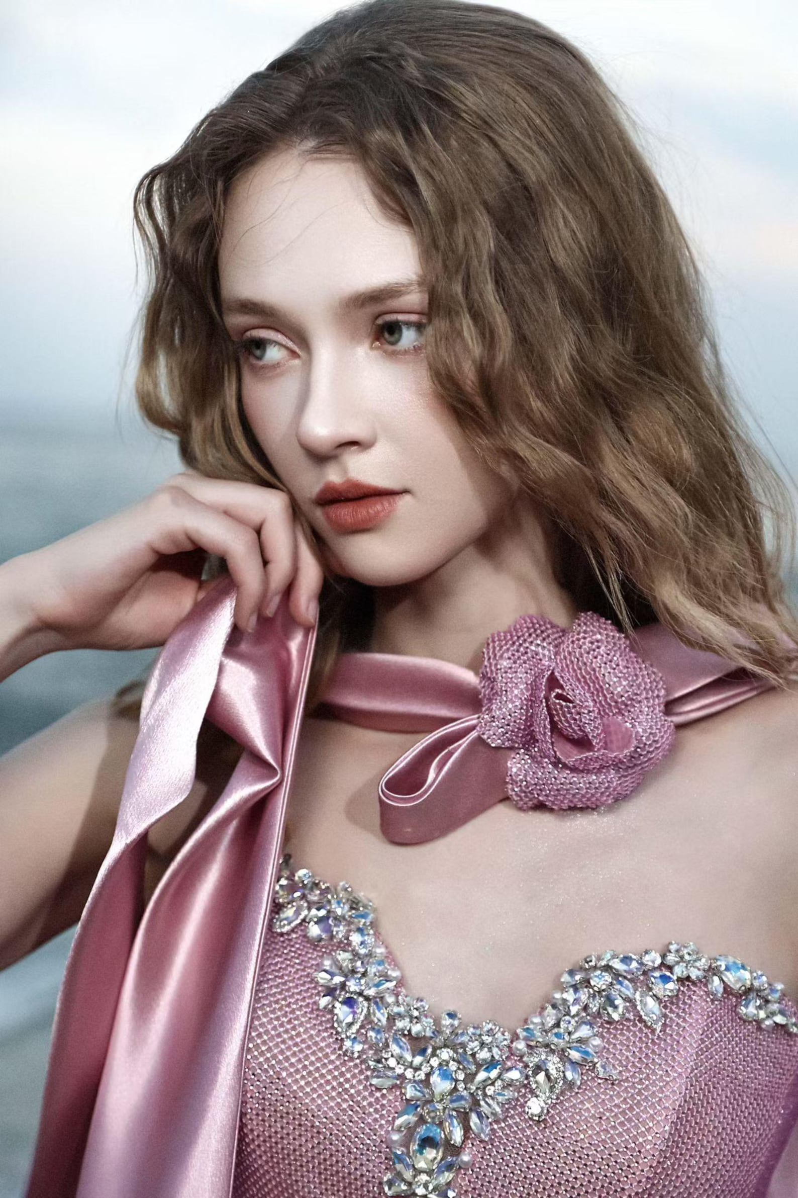 Blush Pink Satin Mermaid Evening Gown, Strapless Crystal Sweetheart Formal Dress With 3D Rose Neck Ribbon, Beach Wedding Guest Dress