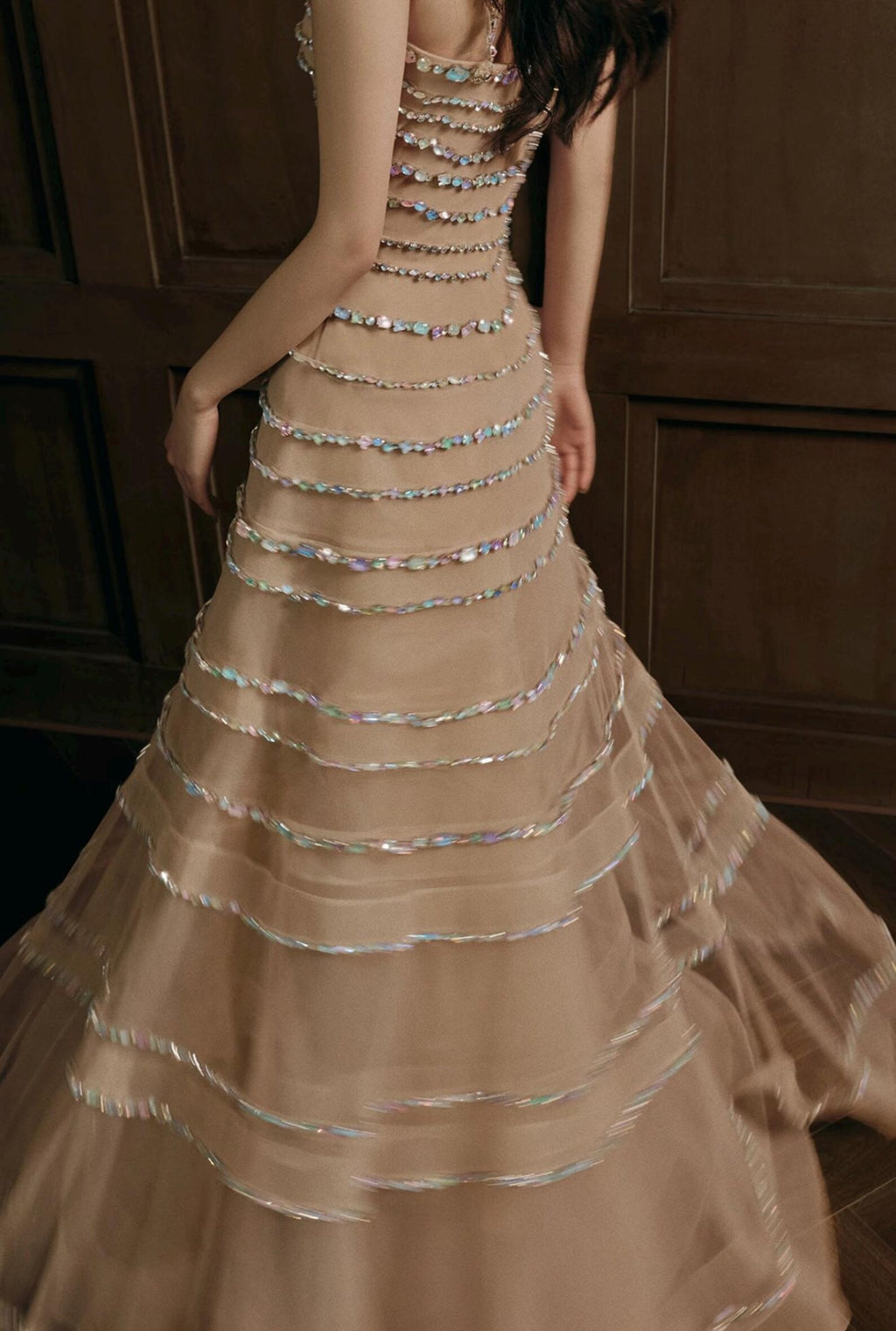Handmade Strapless Nude Tulle Gown, Multi-Layer Iridescent Rhinestone Tiered Dress, Custom Bridal Reception Evening Gown