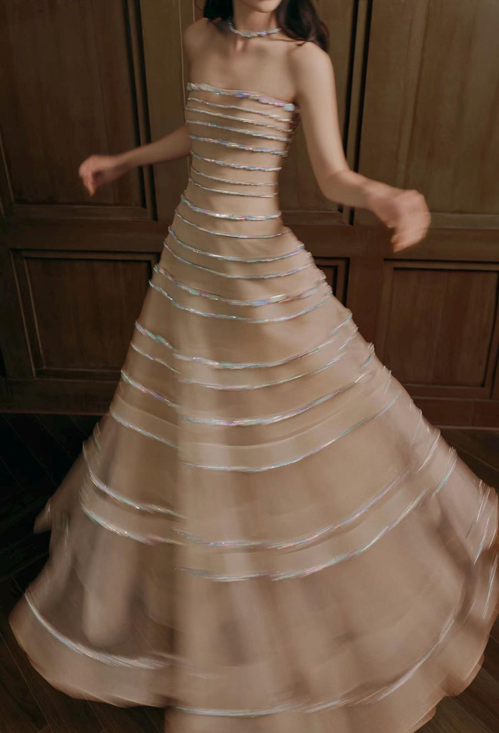 Handmade Strapless Nude Tulle Gown, Multi-Layer Iridescent Rhinestone Tiered Dress, Custom Bridal Reception Evening Gown