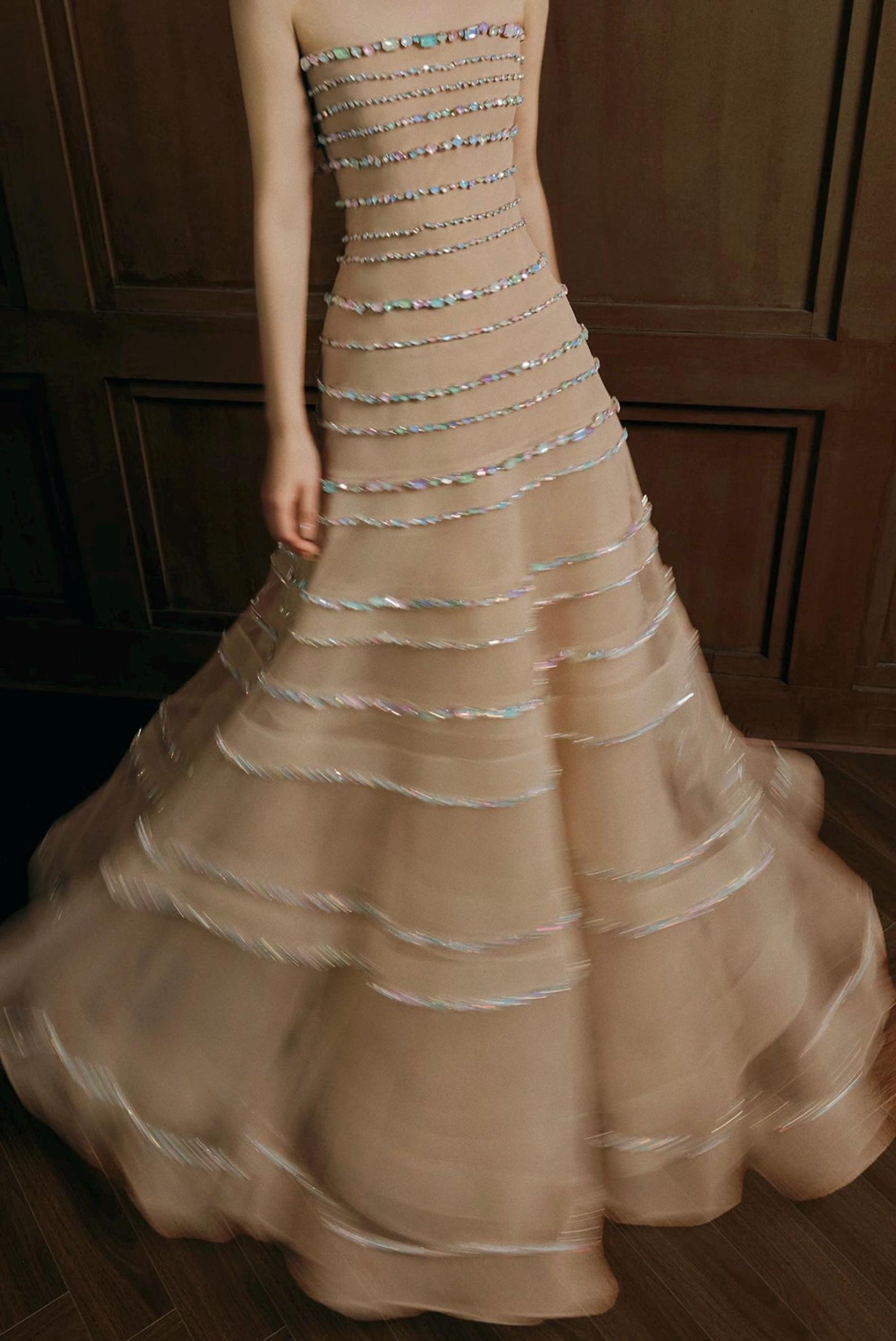 Handmade Strapless Nude Tulle Gown, Multi-Layer Iridescent Rhinestone Tiered Dress, Custom Bridal Reception Evening Gown