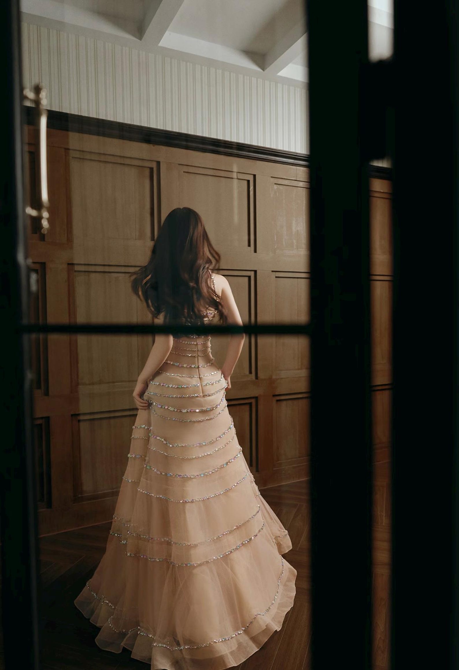 Handmade Strapless Nude Tulle Gown, Multi-Layer Iridescent Rhinestone Tiered Dress, Custom Bridal Reception Evening Gown