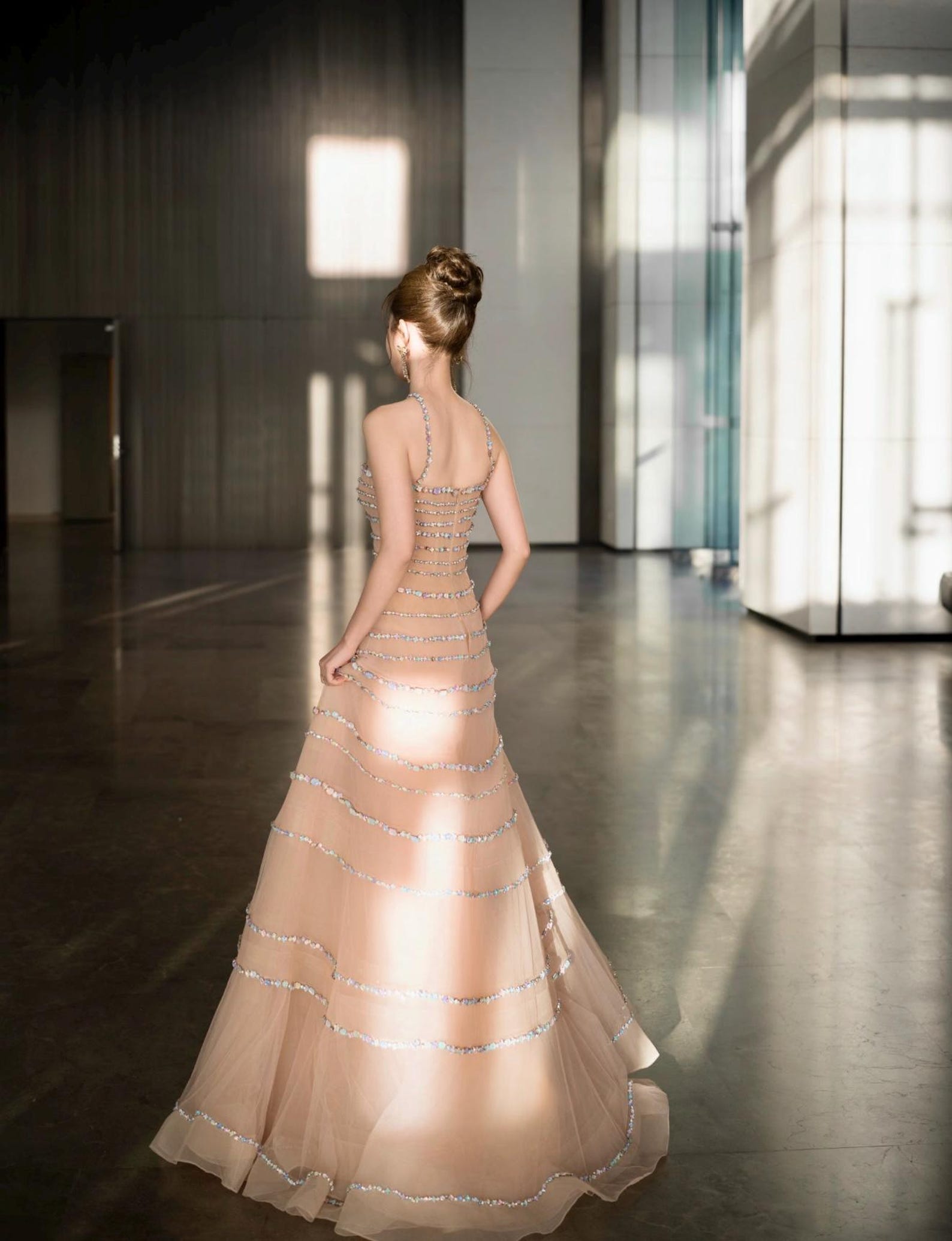 Handmade Strapless Nude Tulle Gown, Multi-Layer Iridescent Rhinestone Tiered Dress, Custom Bridal Reception Evening Gown