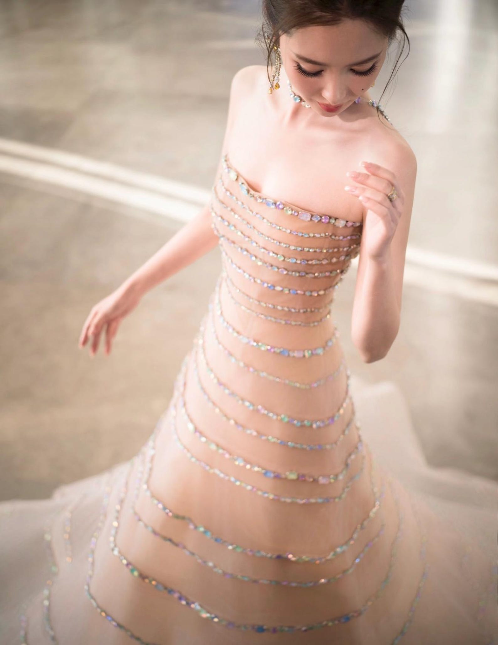 Handmade Strapless Nude Tulle Gown, Multi-Layer Iridescent Rhinestone Tiered Dress, Custom Bridal Reception Evening Gown