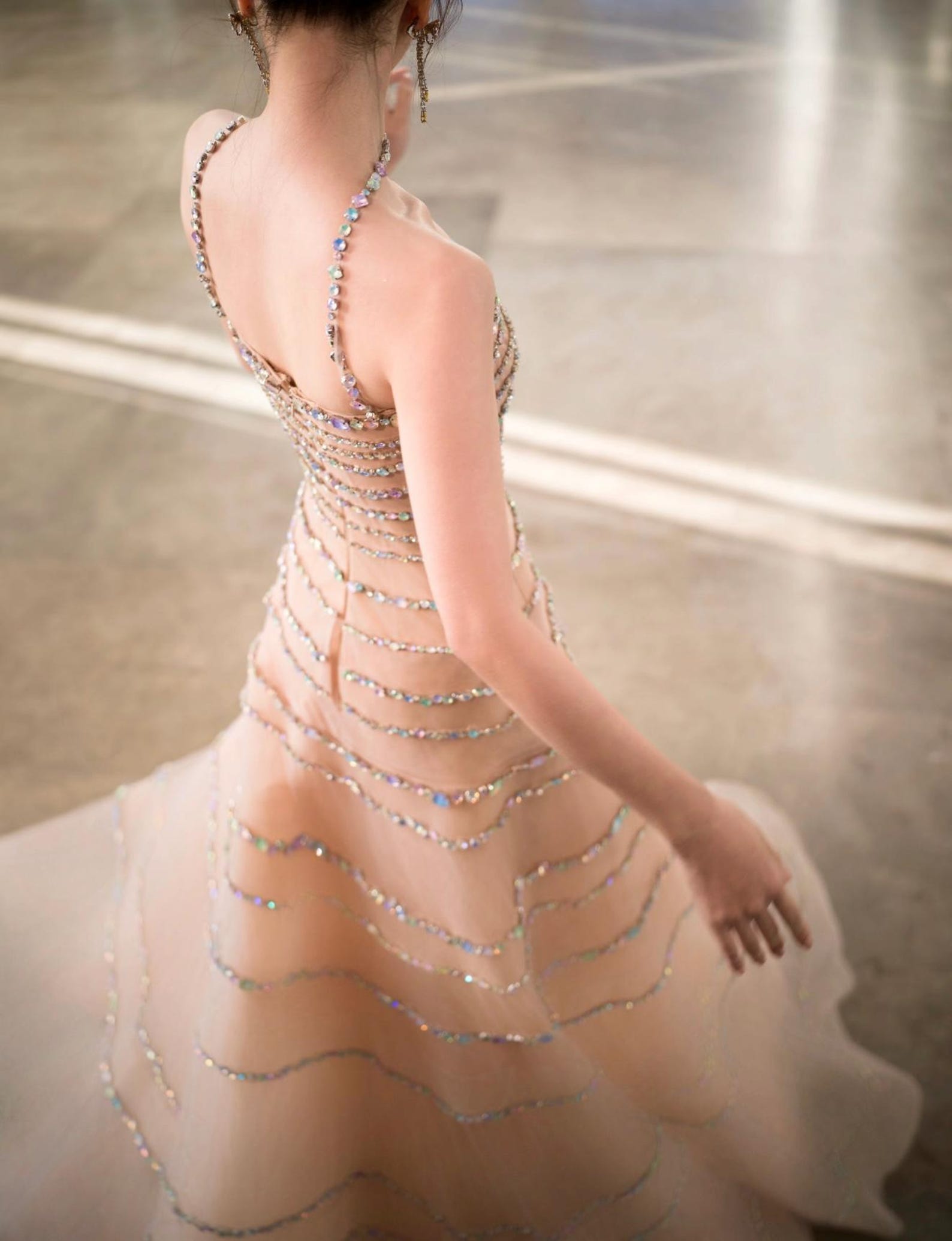 Handmade Strapless Nude Tulle Gown, Multi-Layer Iridescent Rhinestone Tiered Dress, Custom Bridal Reception Evening Gown