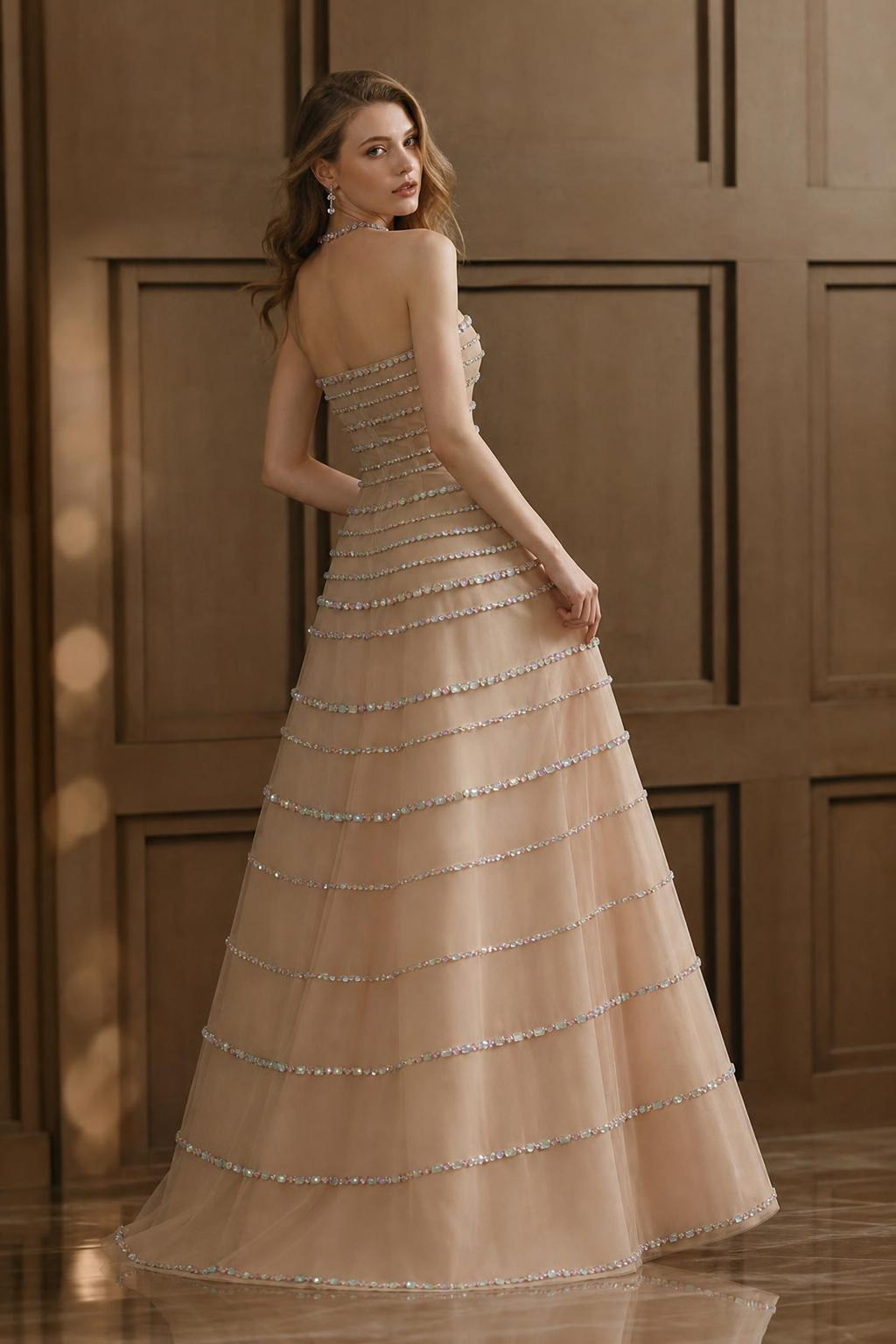 Handmade Strapless Nude Tulle Gown, Multi-Layer Iridescent Rhinestone Tiered Dress, Custom Bridal Reception Evening Gown
