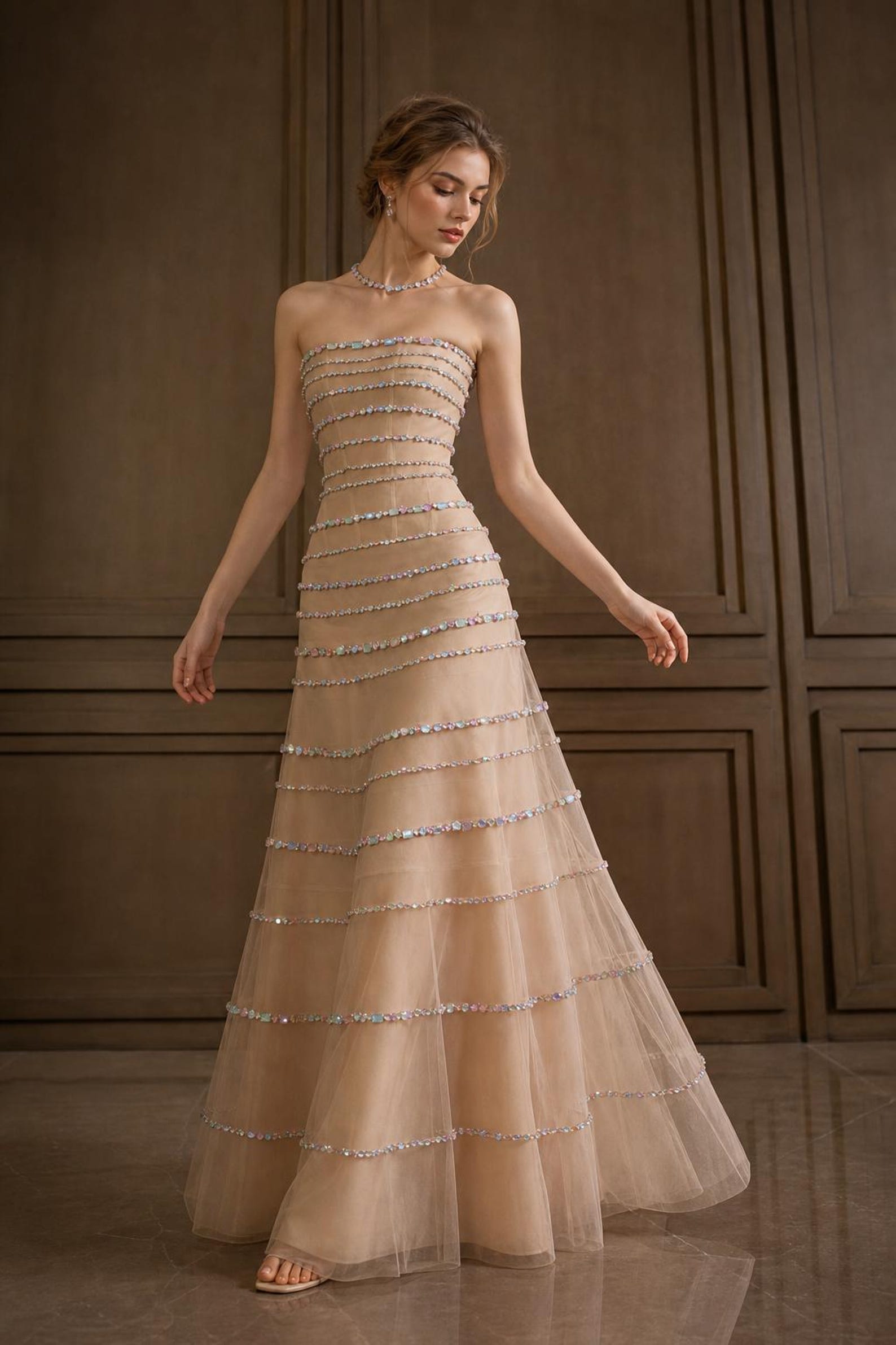 Handmade Strapless Nude Tulle Gown, Multi-Layer Iridescent Rhinestone Tiered Dress, Custom Bridal Reception Evening Gown