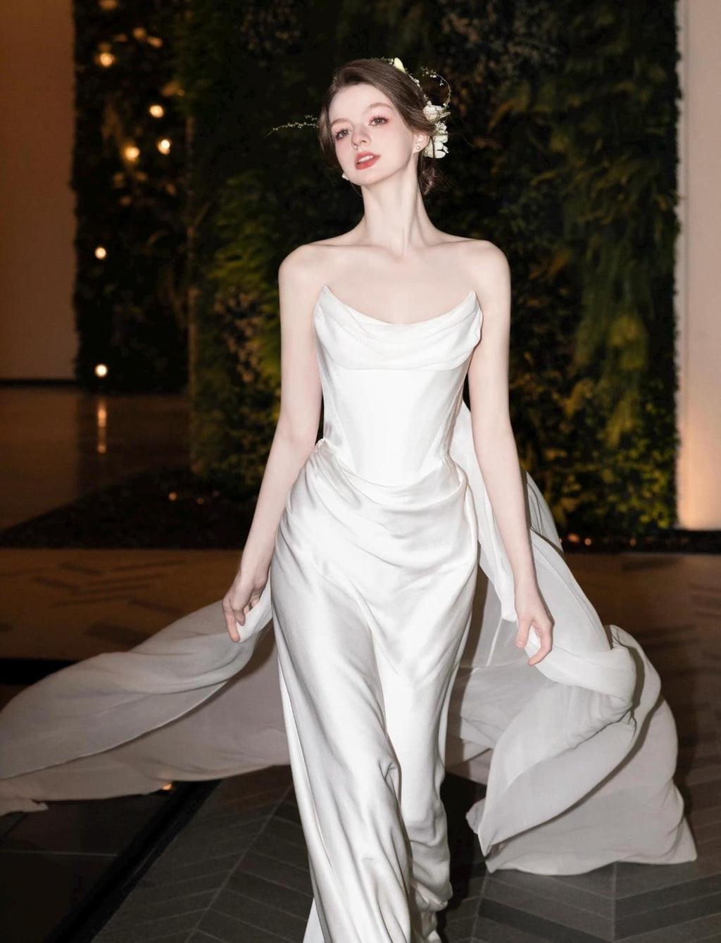Minimalist Satin Mermaid Bridal Gown Cowl Neck Strapless Wedding Dress With Flowing Train
