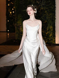Minimalist Satin Mermaid Bridal Gown Cowl Neck Strapless Wedding Dress With Flowing Train