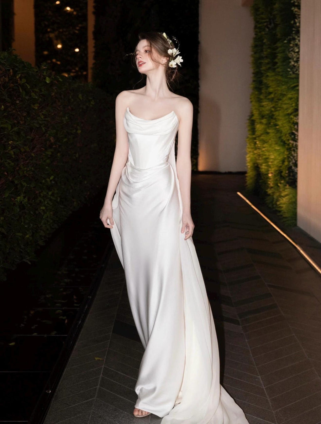 Minimalist Satin Mermaid Bridal Gown Cowl Neck Strapless Wedding Dress With Flowing Train