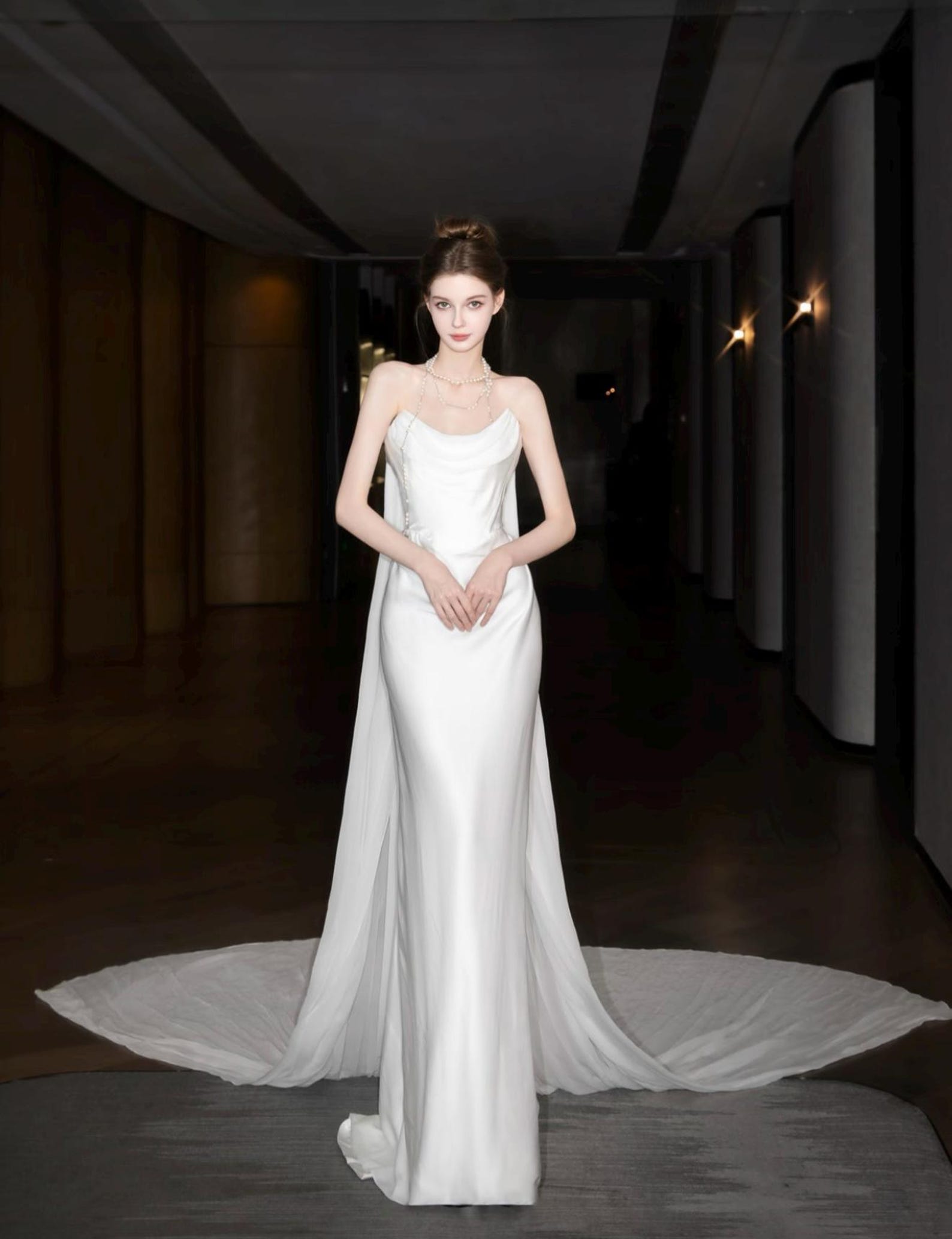 Minimalist Satin Mermaid Bridal Gown Cowl Neck Strapless Wedding Dress With Flowing Train