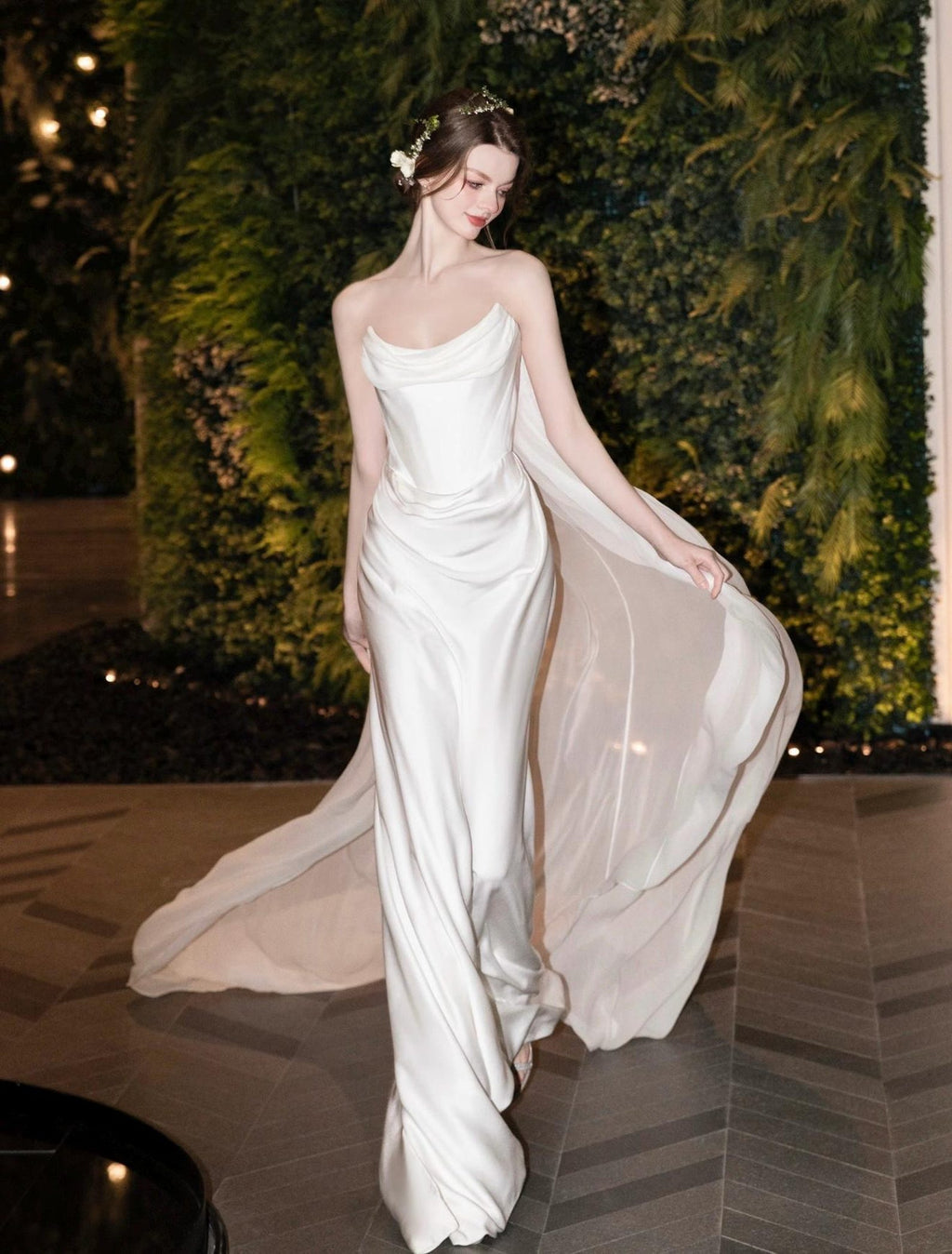 Minimalist Satin Mermaid Bridal Gown Cowl Neck Strapless Wedding Dress With Flowing Train