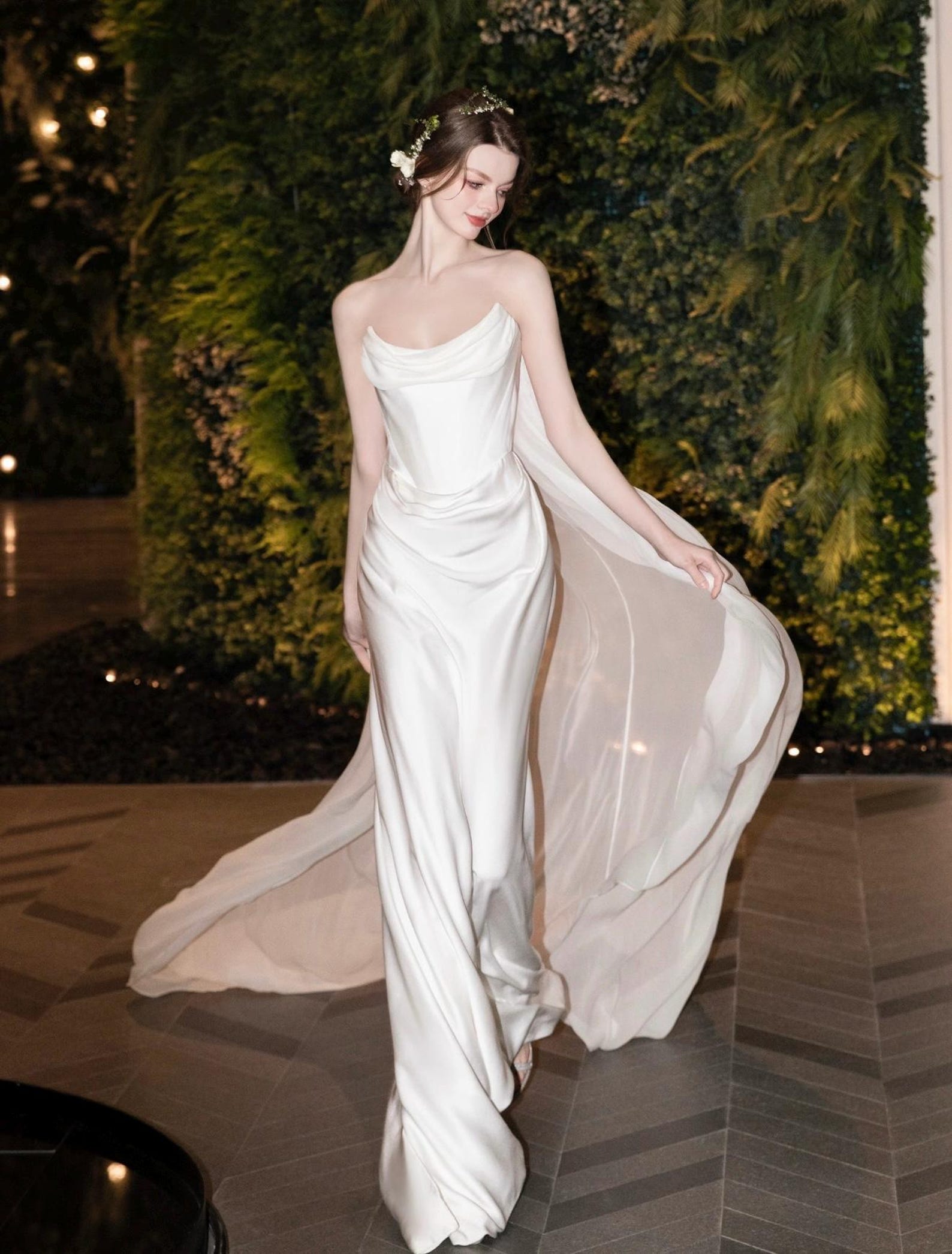 Minimalist Satin Mermaid Bridal Gown Cowl Neck Strapless Wedding Dress With Flowing Train