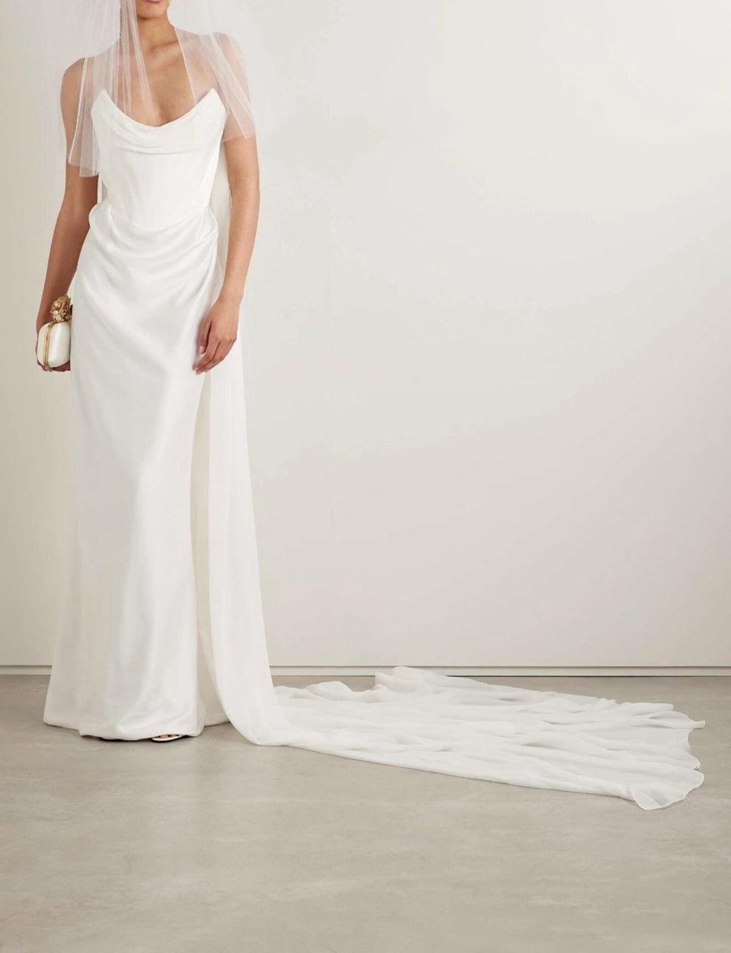 Minimalist Satin Mermaid Bridal Gown Cowl Neck Strapless Wedding Dress With Flowing Train
