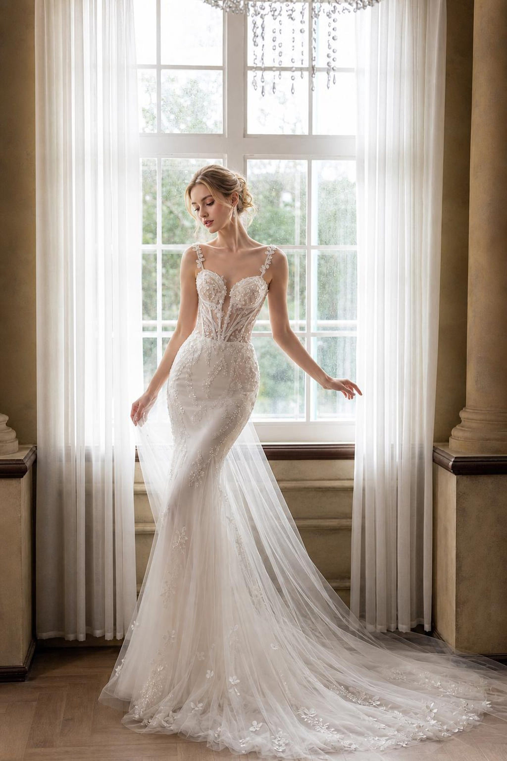 Romantic 3D Flower Lace Mermaid Wedding Gown, Sweetheart Corset Bodice Spaghetti Straps, Long Sheer Tulle Train Bridal Dress
