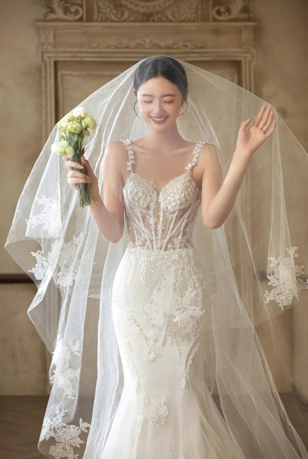 Romantic 3D Flower Lace Mermaid Wedding Gown, Sweetheart Corset Bodice Spaghetti Straps, Long Sheer Tulle Train Bridal Dress