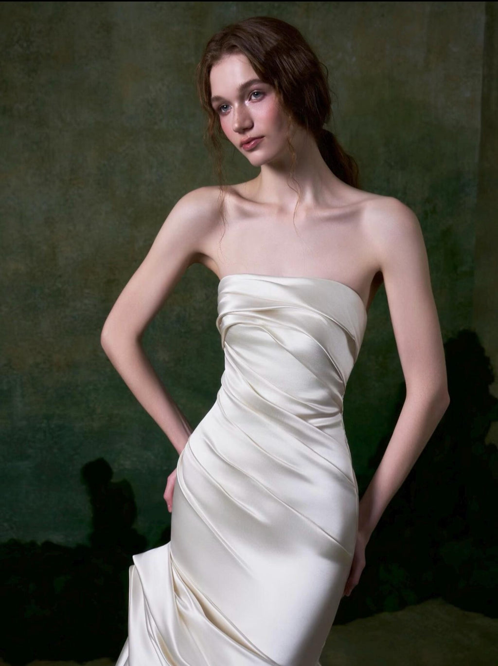 Luxury Ivory Satin Mermaid Wedding Dress | Strapless Ruched Design With Detachable Sleeves