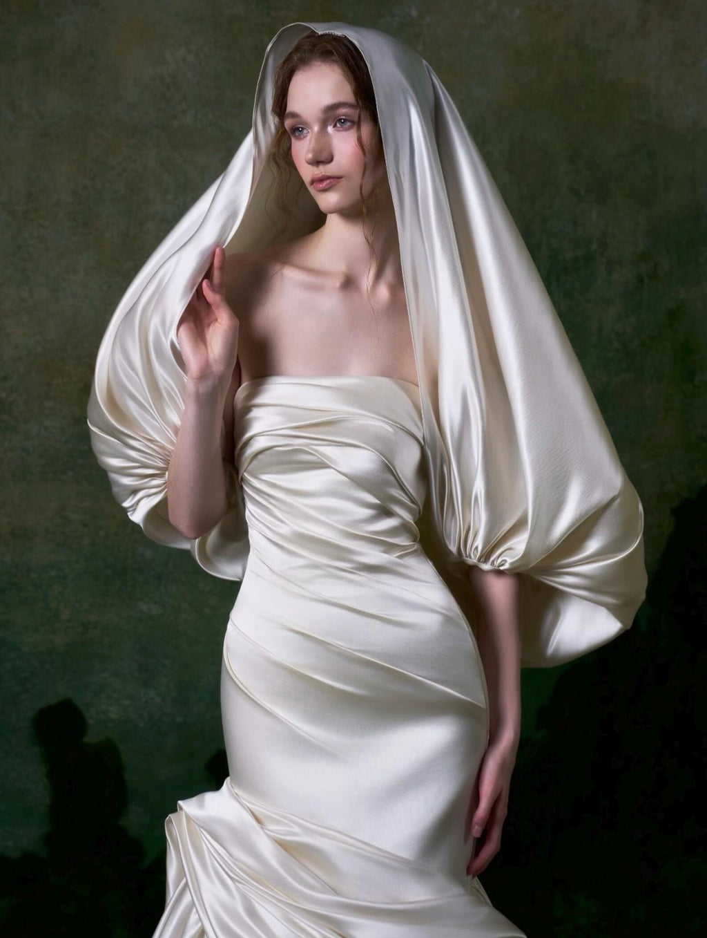 Luxury Ivory Satin Mermaid Wedding Dress | Strapless Ruched Design With Detachable Sleeves