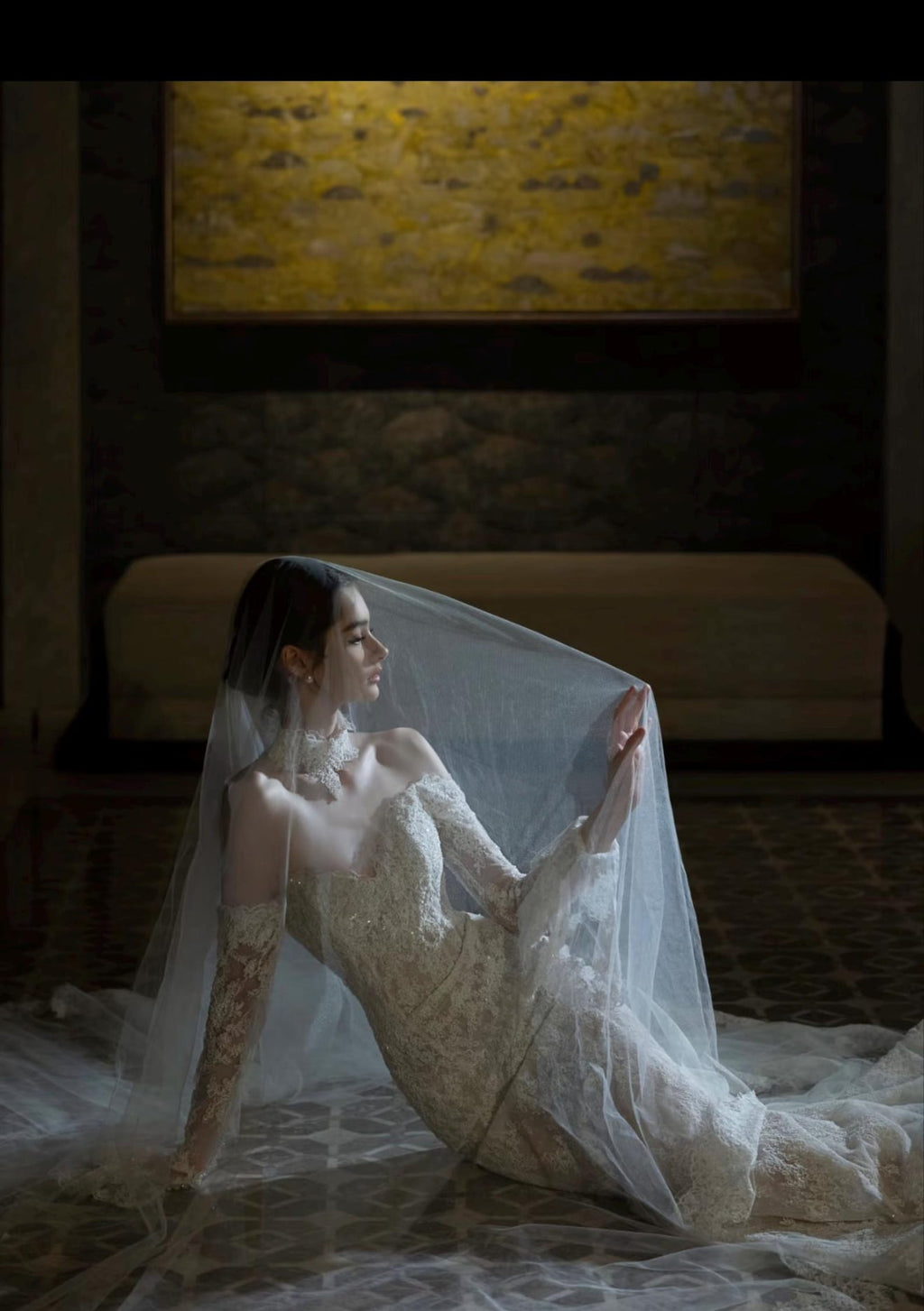 Vintage Lace Mermaid Wedding Gown Off Shoulder Bell Sleeve Bridal Dress With Removable Lace Choker