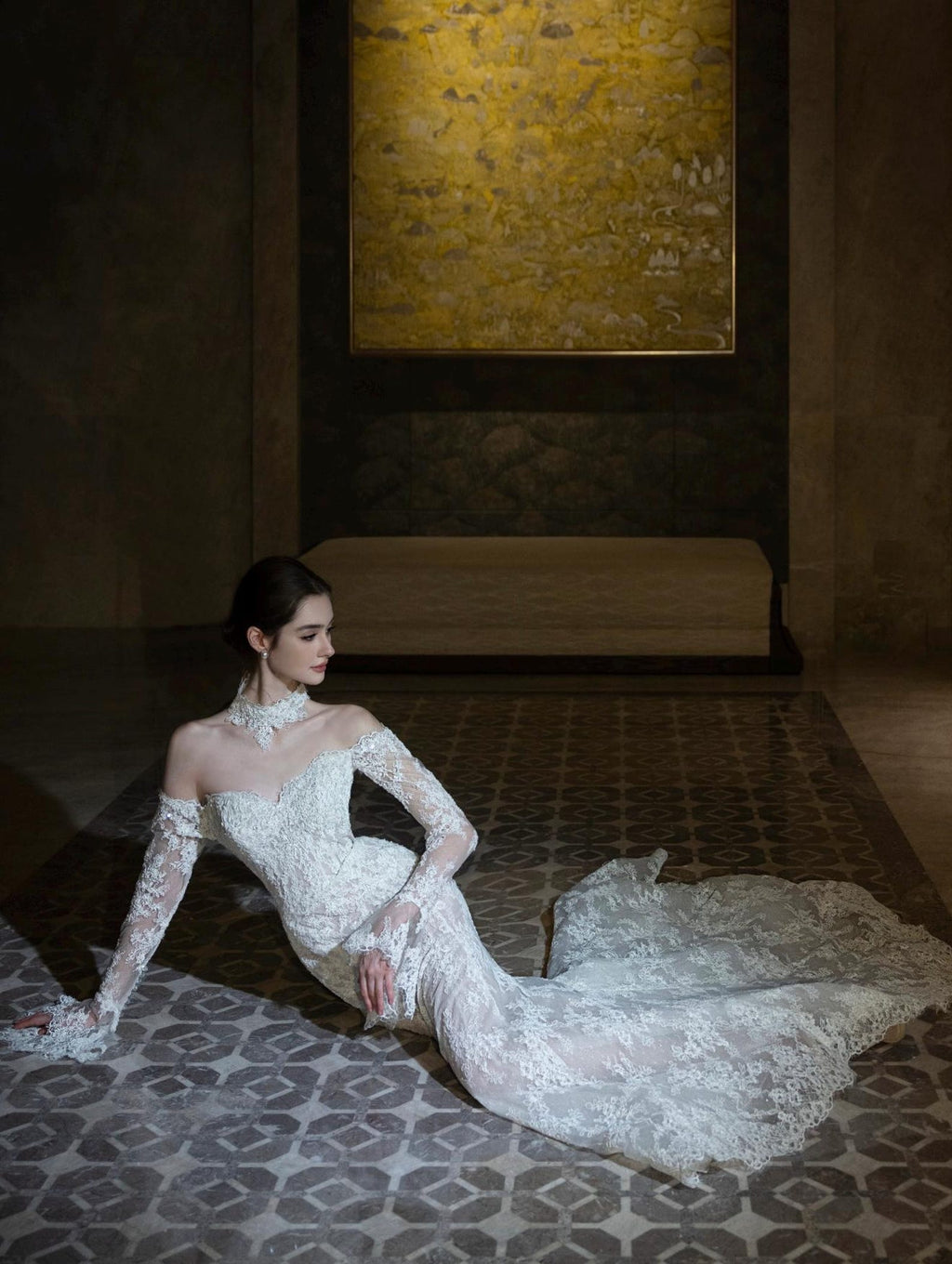 Vintage Lace Mermaid Wedding Gown Off Shoulder Bell Sleeve Bridal Dress With Removable Lace Choker