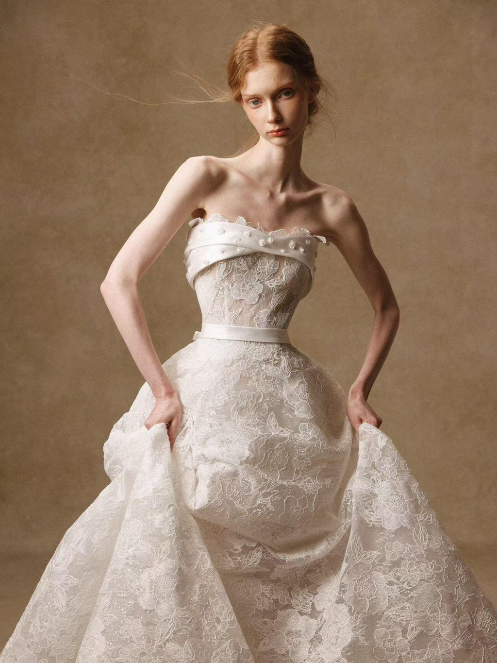 Strapless Lace Ballgown Wedding Dress, Satin Waist Belt Floral Lace Bridal Gown With Train, Vintage Luxury Wedding Gown