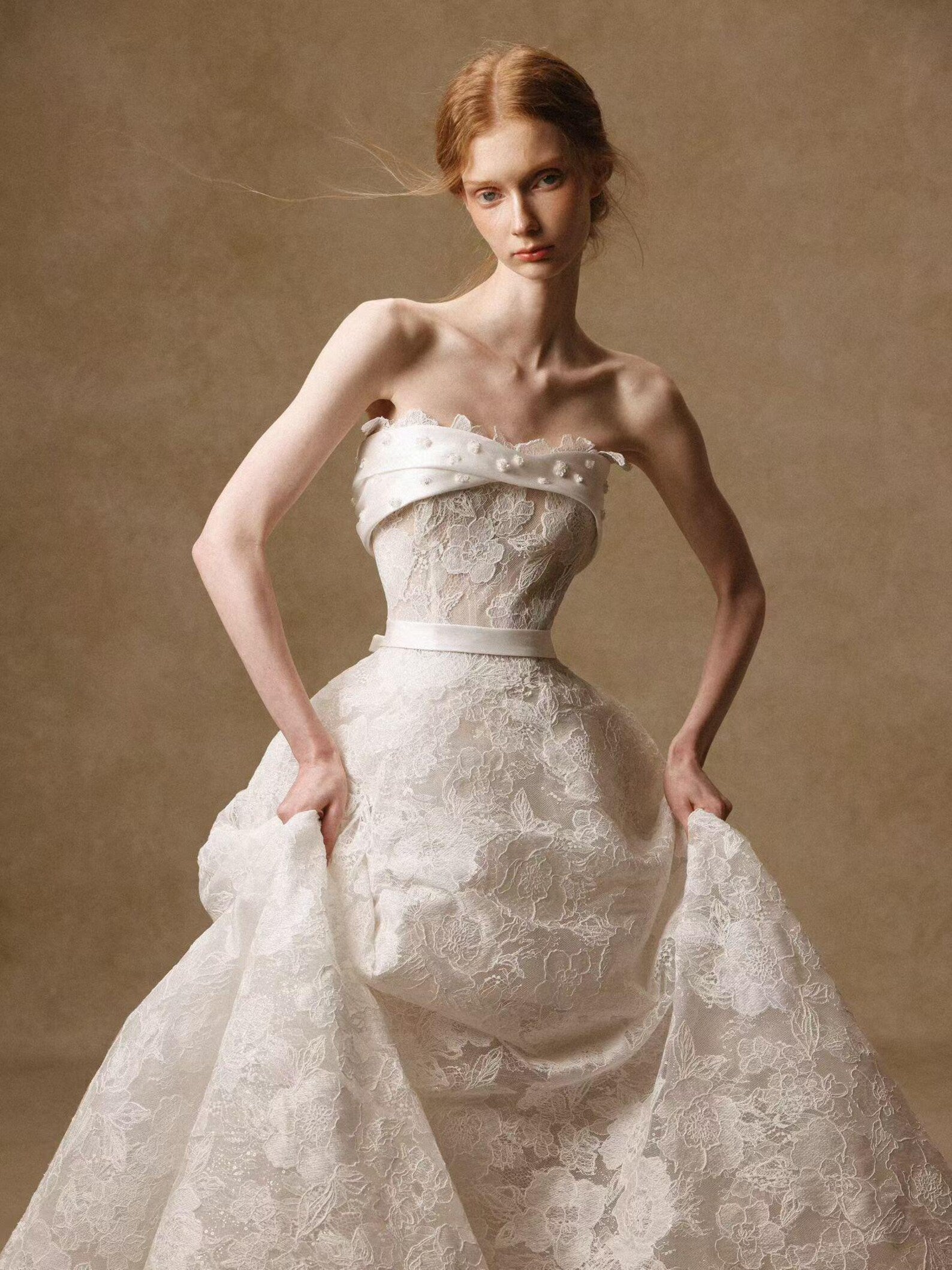 Strapless Lace Ballgown Wedding Dress, Satin Waist Belt Floral Lace Bridal Gown With Train, Vintage Luxury Wedding Gown