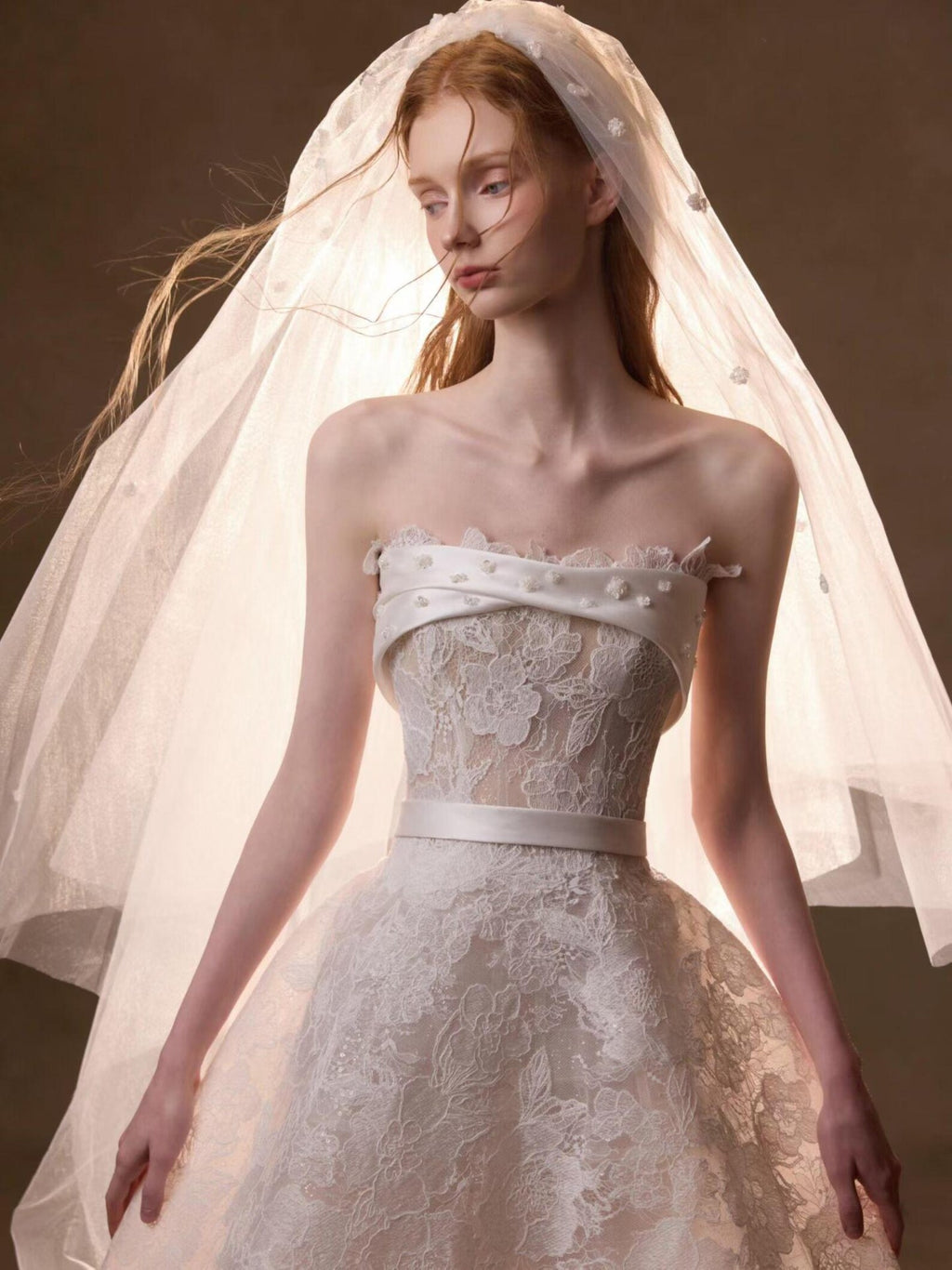 Strapless Lace Ballgown Wedding Dress, Satin Waist Belt Floral Lace Bridal Gown With Train, Vintage Luxury Wedding Gown