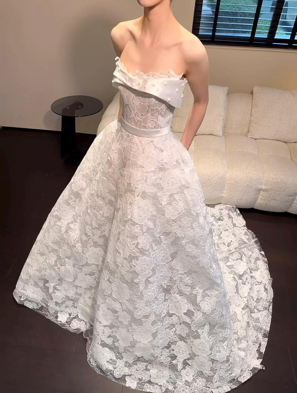 Strapless Lace Ballgown Wedding Dress, Satin Waist Belt Floral Lace Bridal Gown With Train, Vintage Luxury Wedding Gown
