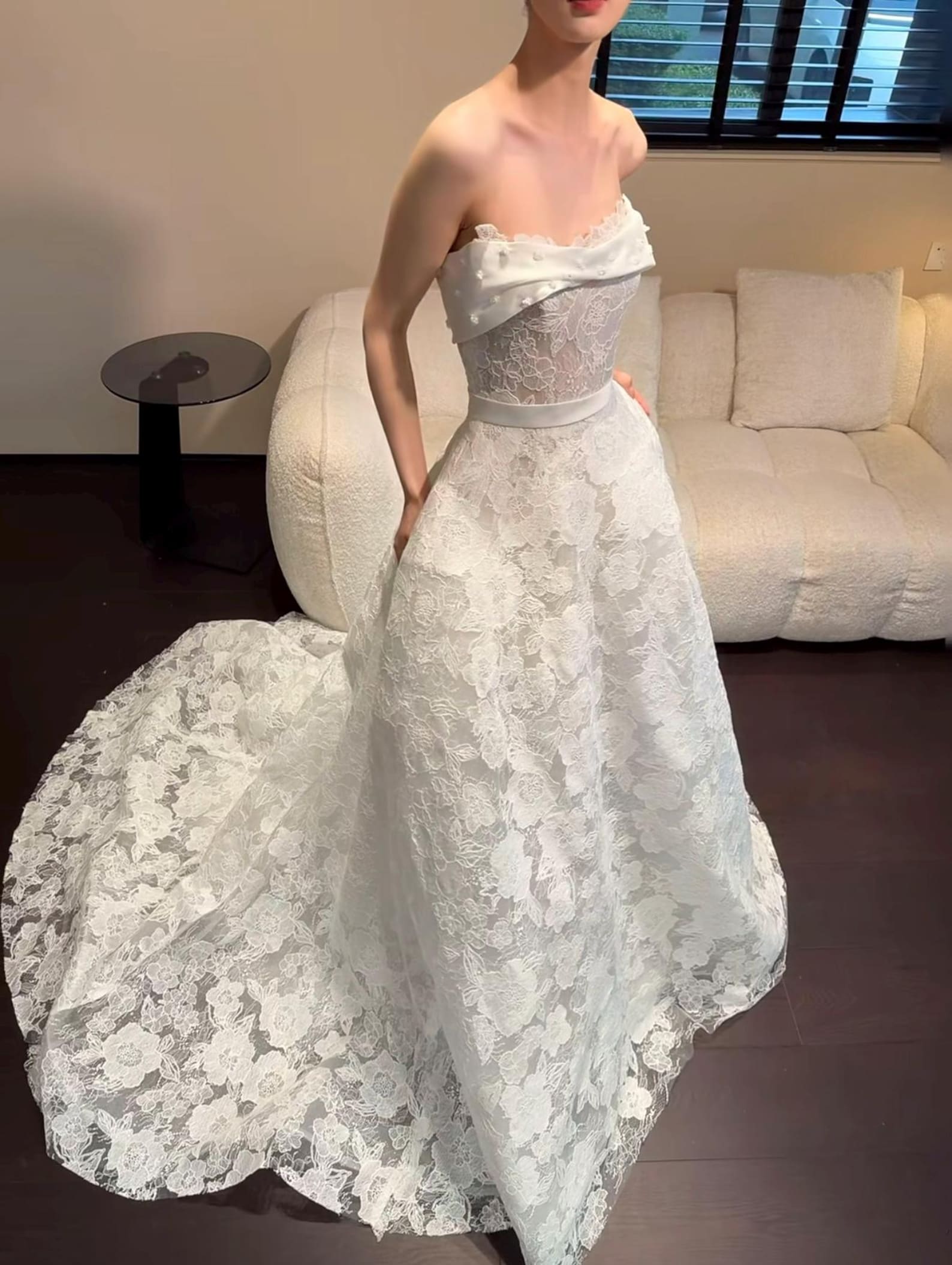 Strapless Lace Ballgown Wedding Dress, Satin Waist Belt Floral Lace Bridal Gown With Train, Vintage Luxury Wedding Gown