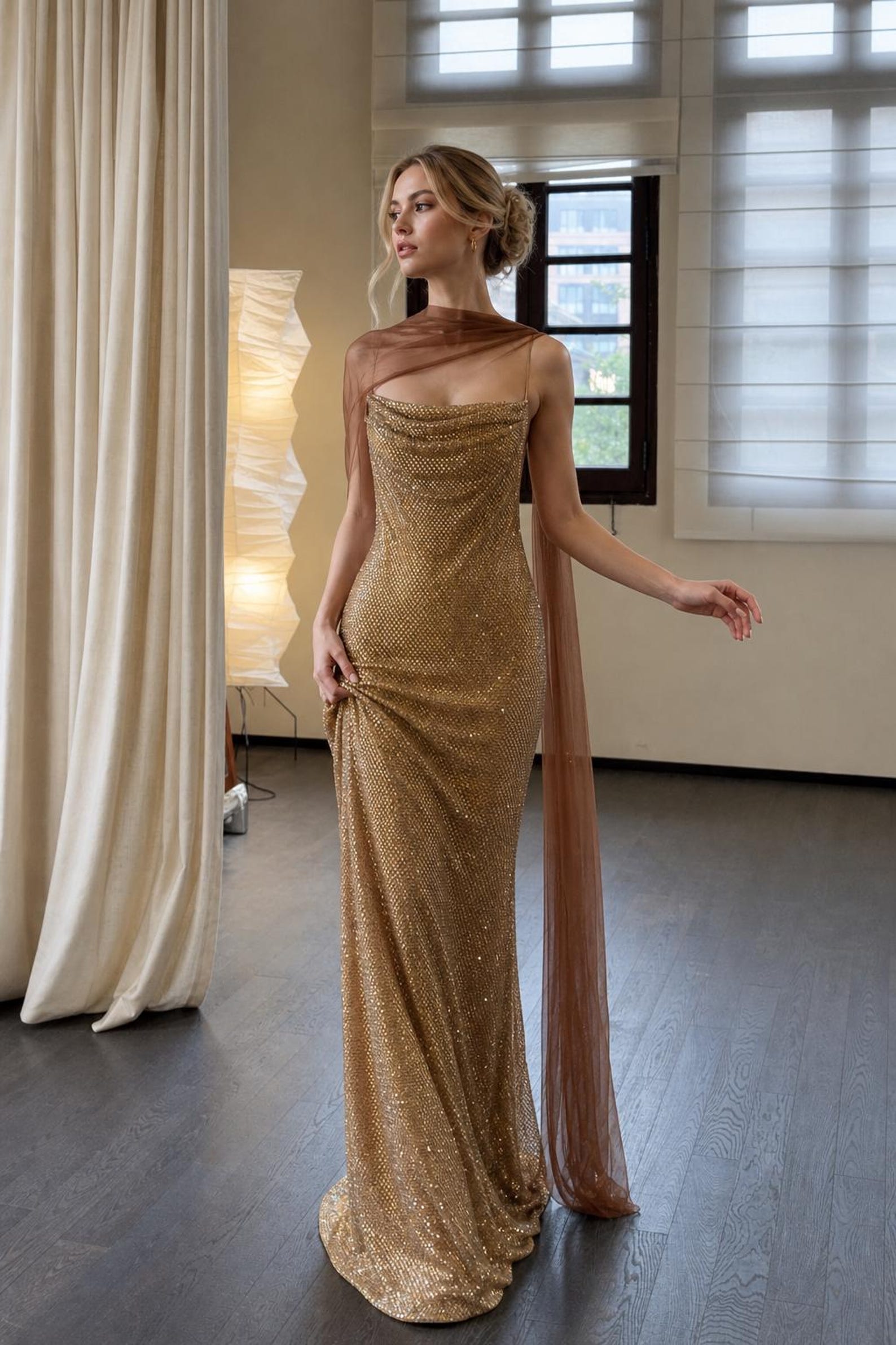Handmade Glitter Gold Sequin Maxi Gown Sheer Mesh Neck Gala Dress