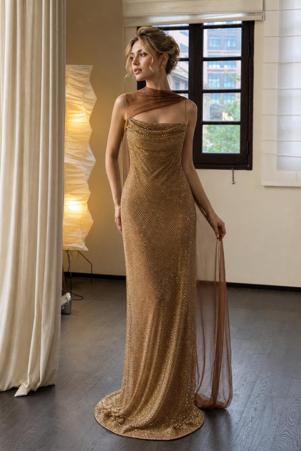 Handmade Glitter Gold Sequin Maxi Gown Sheer Mesh Neck Gala Dress