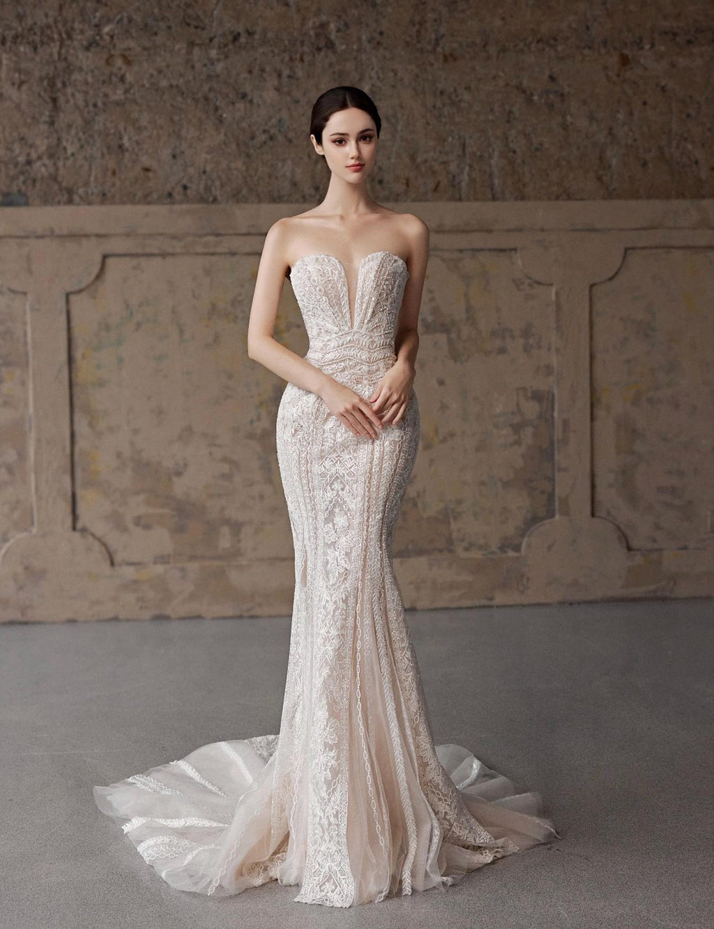 3 in 1 Lace Mermaid Wedding Dress, Detachable Cap Sleeves Bridal Gown, Strapless Fit And Flare Wedding Gown With Overskirt