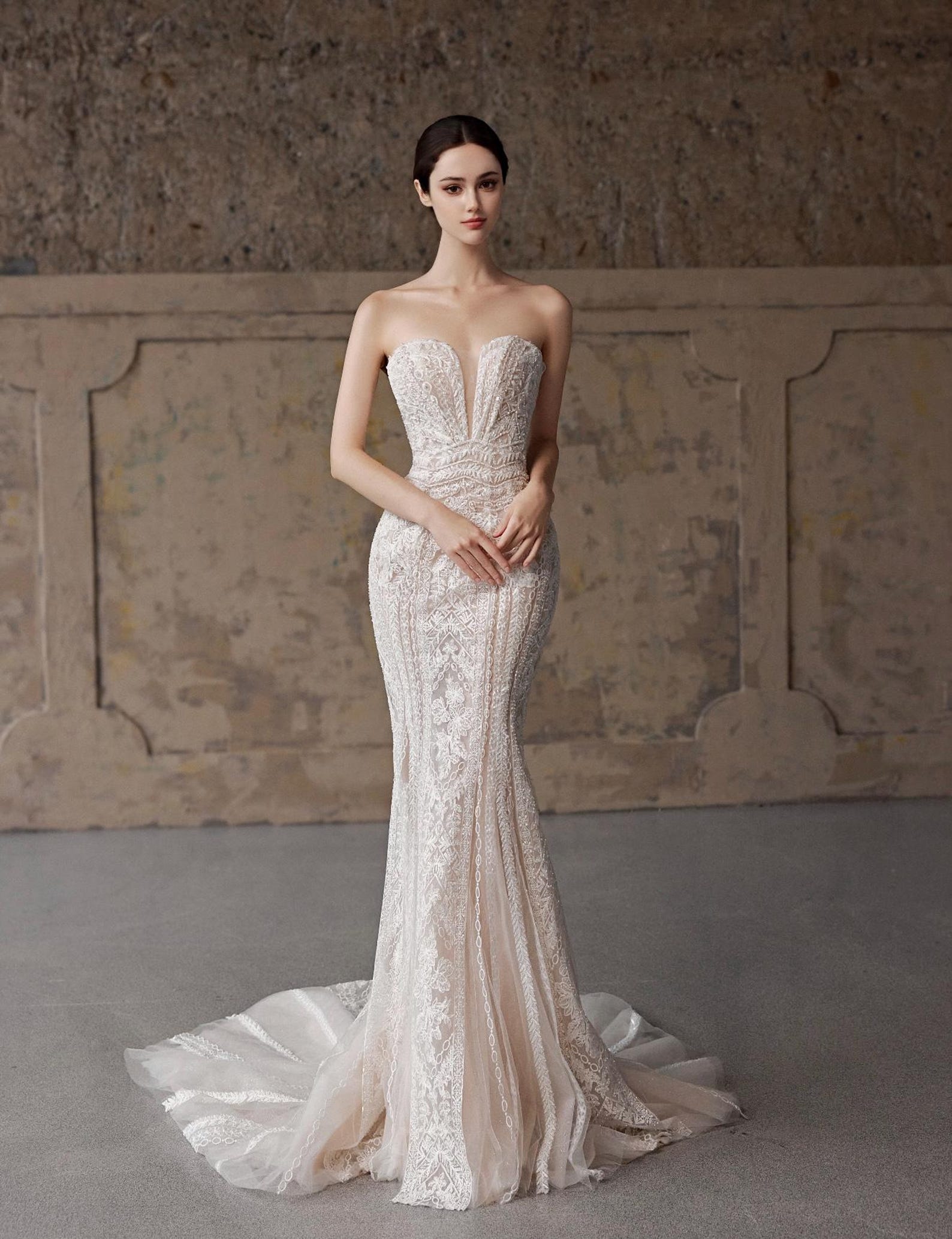 3 in 1 Lace Mermaid Wedding Dress, Detachable Cap Sleeves Bridal Gown, Strapless Fit And Flare Wedding Gown With Overskirt