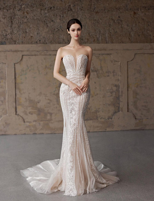 3 in 1 Lace Mermaid Wedding Dress, Detachable Cap Sleeves Bridal Gown, Strapless Fit And Flare Wedding Gown With Overskirt