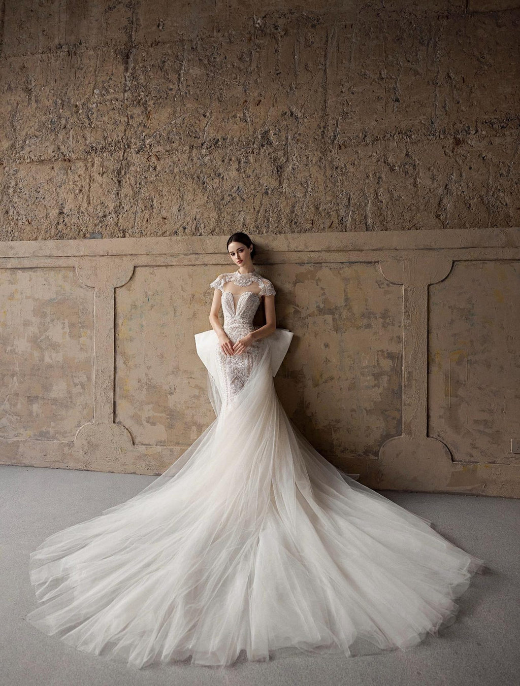 3 in 1 Lace Mermaid Wedding Dress, Detachable Cap Sleeves Bridal Gown, Strapless Fit And Flare Wedding Gown With Overskirt