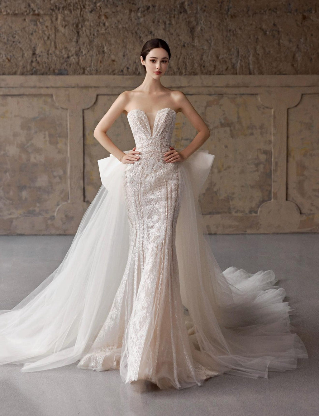 3 in 1 Lace Mermaid Wedding Dress, Detachable Cap Sleeves Bridal Gown, Strapless Fit And Flare Wedding Gown With Overskirt