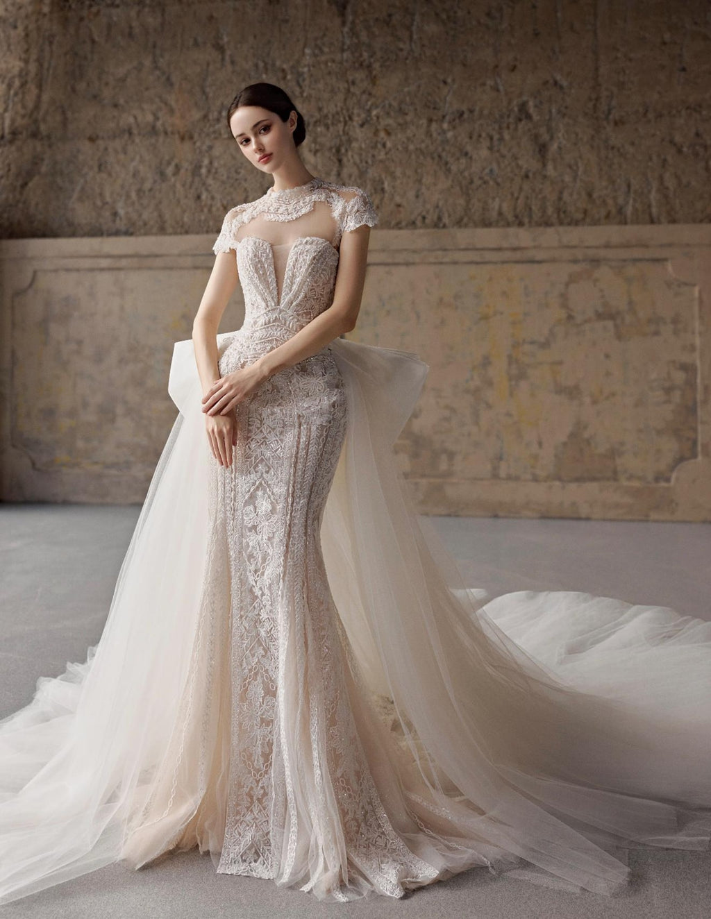 3 in 1 Lace Mermaid Wedding Dress, Detachable Cap Sleeves Bridal Gown, Strapless Fit And Flare Wedding Gown With Overskirt