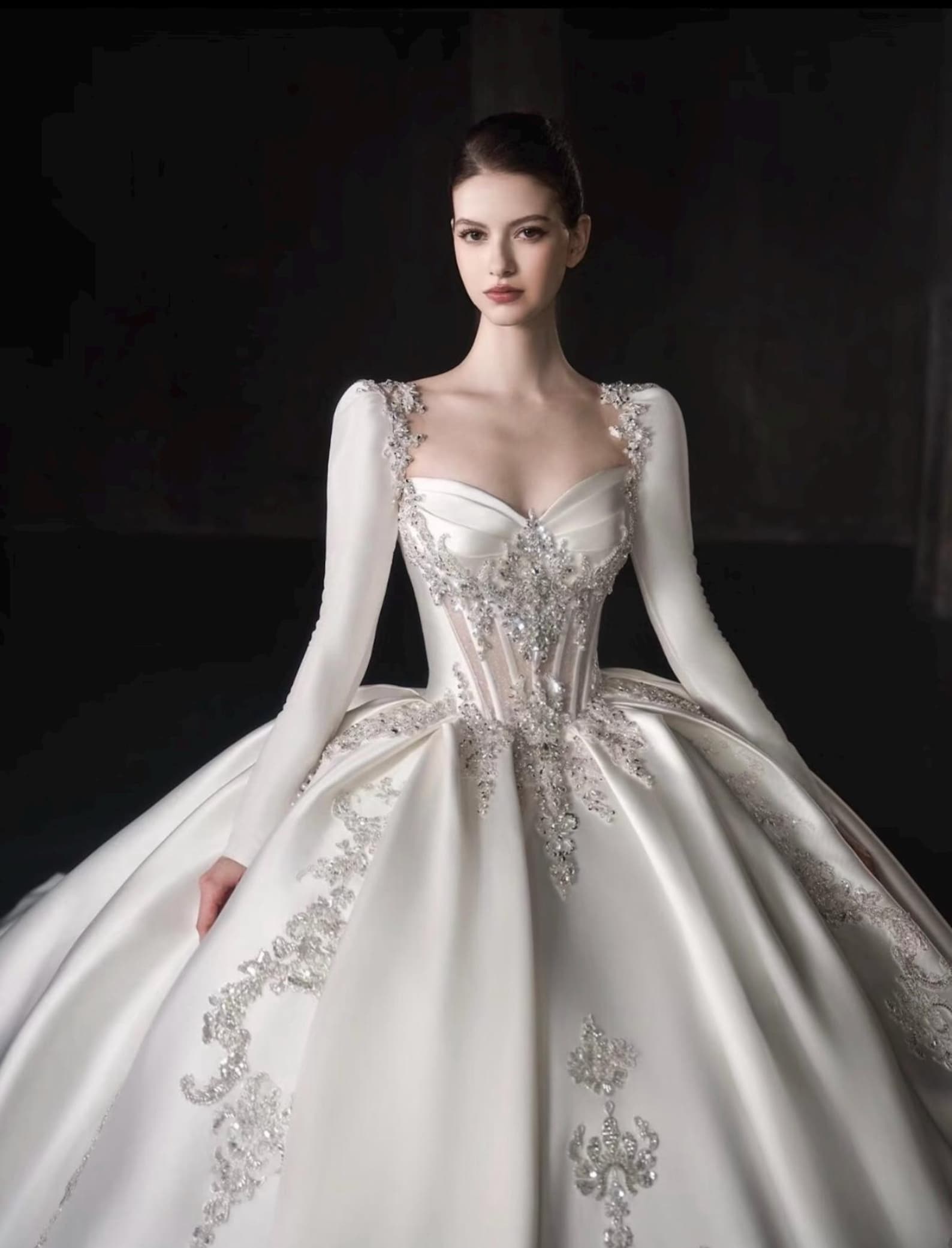 Luxury Royal Satin Wedding Ballgown, Strapless Sweetheart Bridal Dress With Removable Long Sleeves, Baroque Beaded Wedding Gown