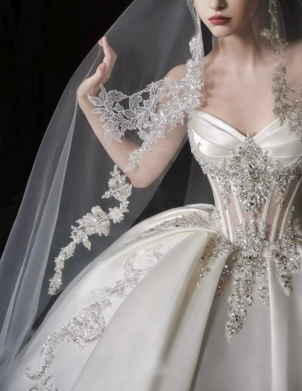 Luxury Royal Satin Wedding Ballgown, Strapless Sweetheart Bridal Dress With Removable Long Sleeves, Baroque Beaded Wedding Gown