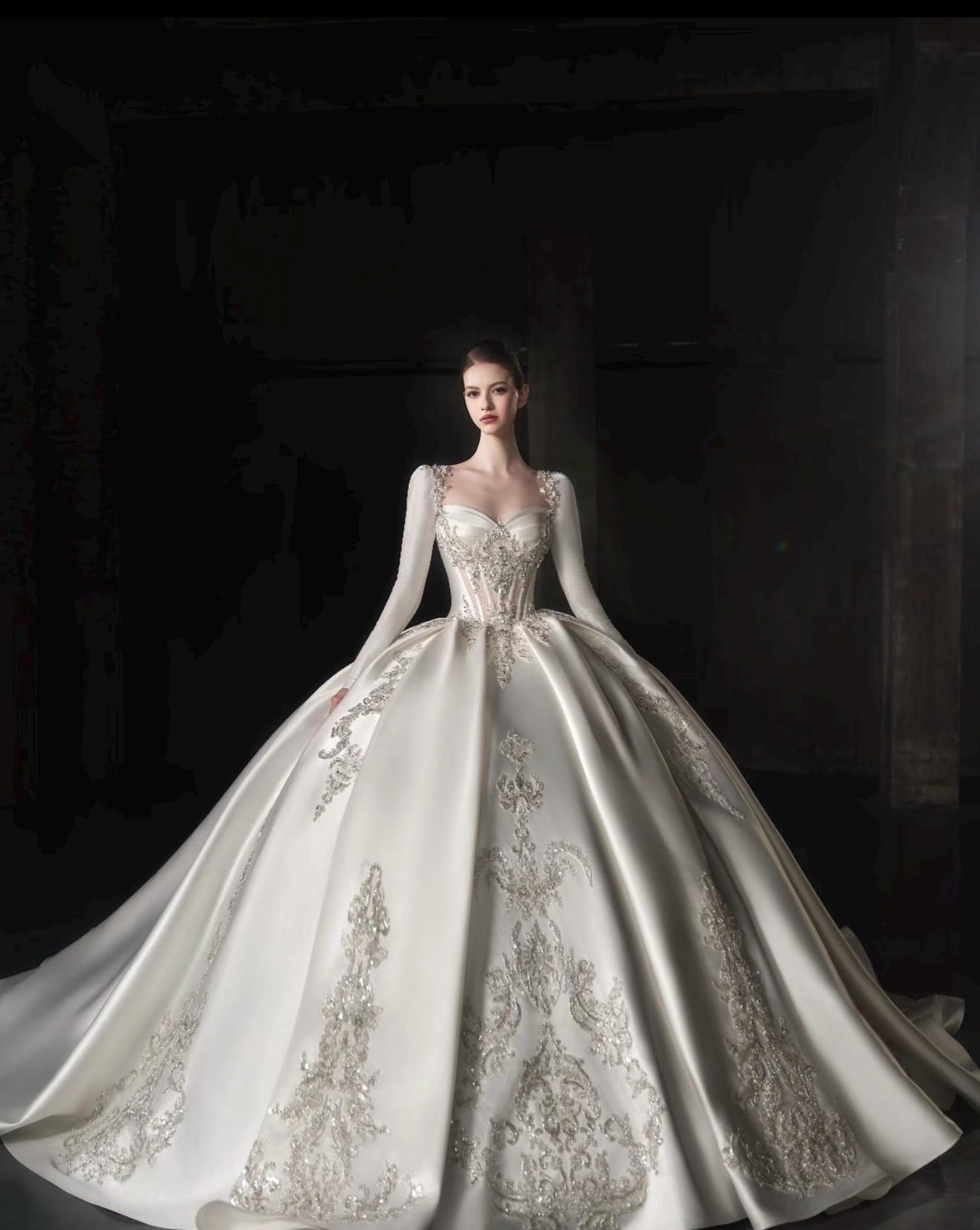 Luxury Royal Satin Wedding Ballgown, Strapless Sweetheart Bridal Dress With Removable Long Sleeves, Baroque Beaded Wedding Gown