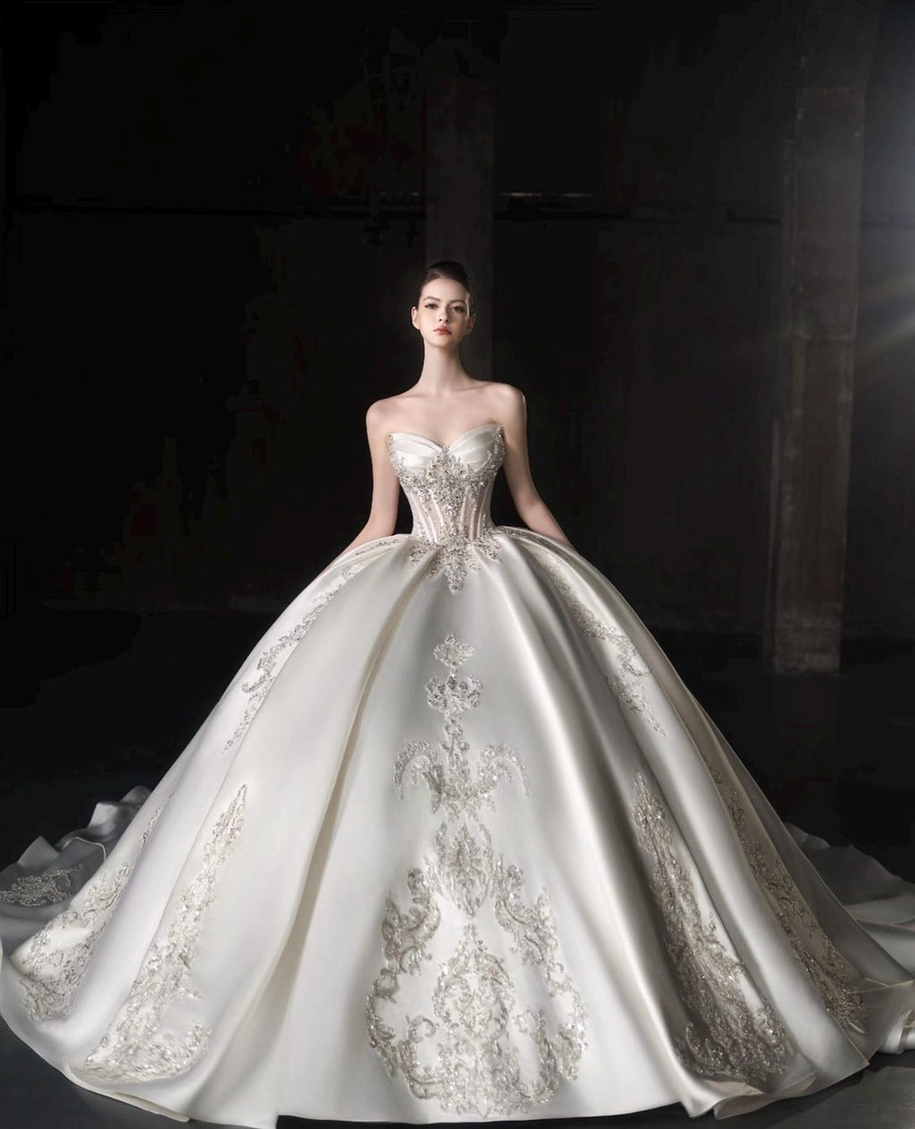 Luxury Royal Satin Wedding Ballgown, Strapless Sweetheart Bridal Dress With Removable Long Sleeves, Baroque Beaded Wedding Gown