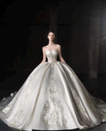 Luxury Royal Satin Wedding Ballgown, Strapless Sweetheart Bridal Dress With Removable Long Sleeves, Baroque Beaded Wedding Gown
