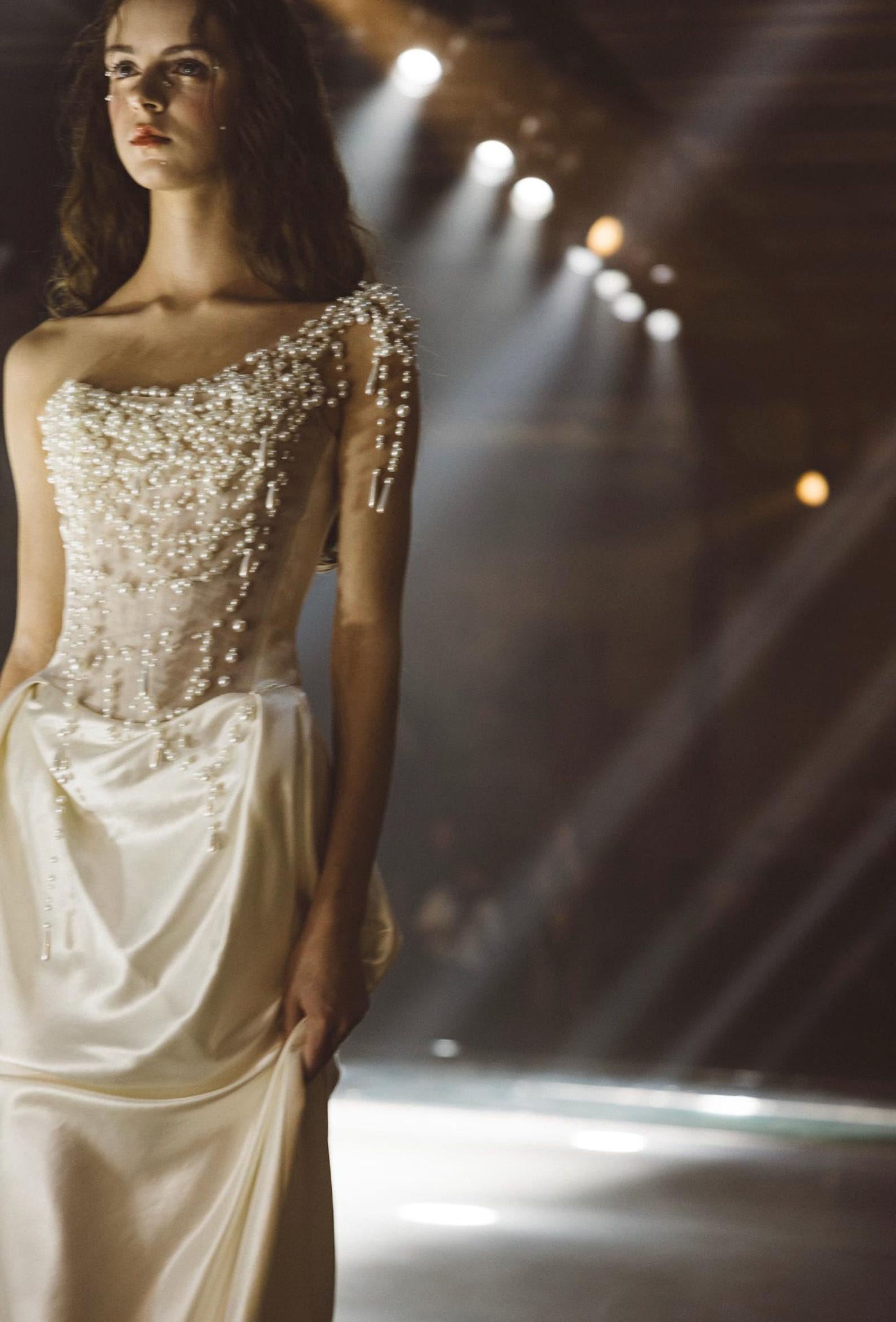 Asymmetrical Pearl Bridal Gown, Draped Satin Wedding Dress, One Shoulder Beaded Tassel Wedding Gown