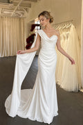 Draped Satin Mermaid Wedding Dress, Asymmetrical One Shoulder Bridal Gown With Flowing Cape Train