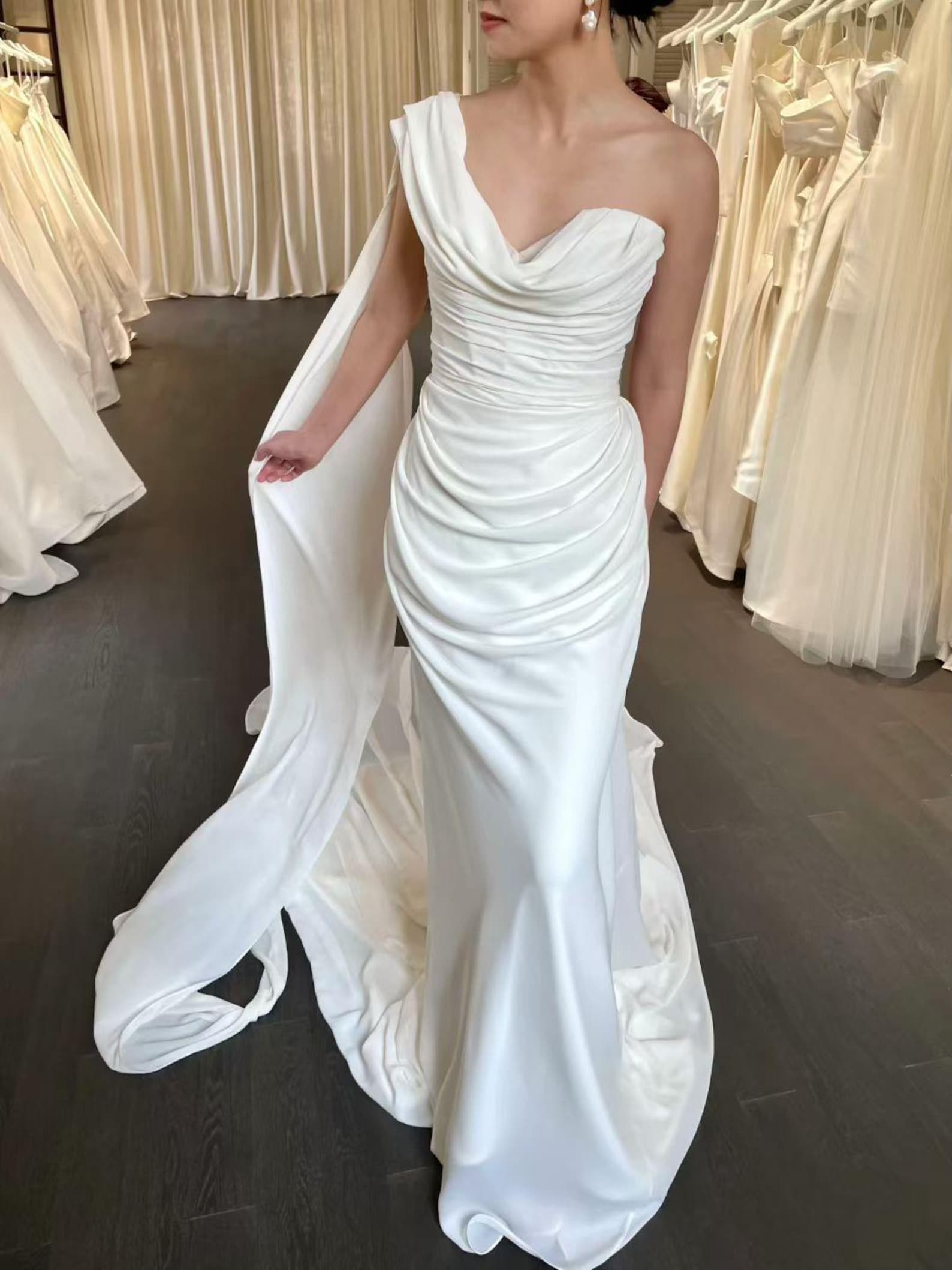 Draped Satin Mermaid Wedding Dress, Asymmetrical One Shoulder Bridal Gown With Flowing Cape Train