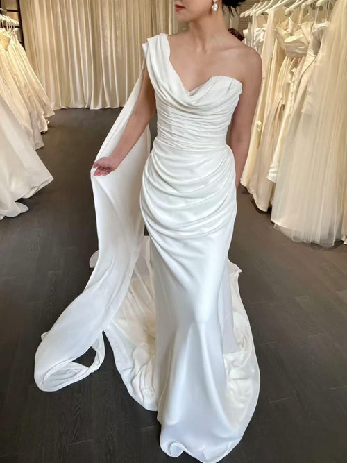 Draped Satin Mermaid Wedding Dress, Asymmetrical One Shoulder Bridal Gown With Flowing Cape Train