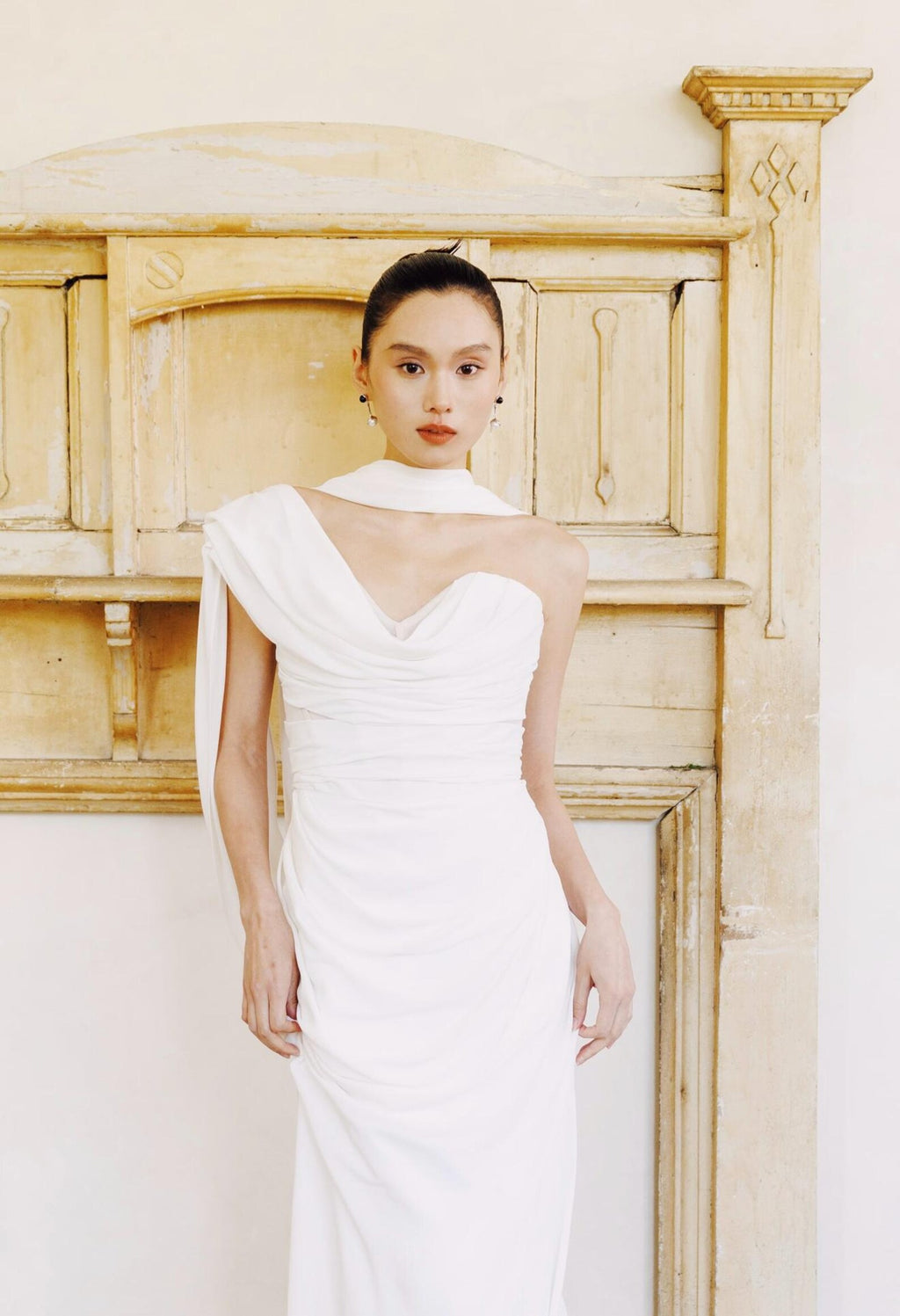 Draped Satin Mermaid Wedding Dress, Asymmetrical One Shoulder Bridal Gown With Flowing Cape Train