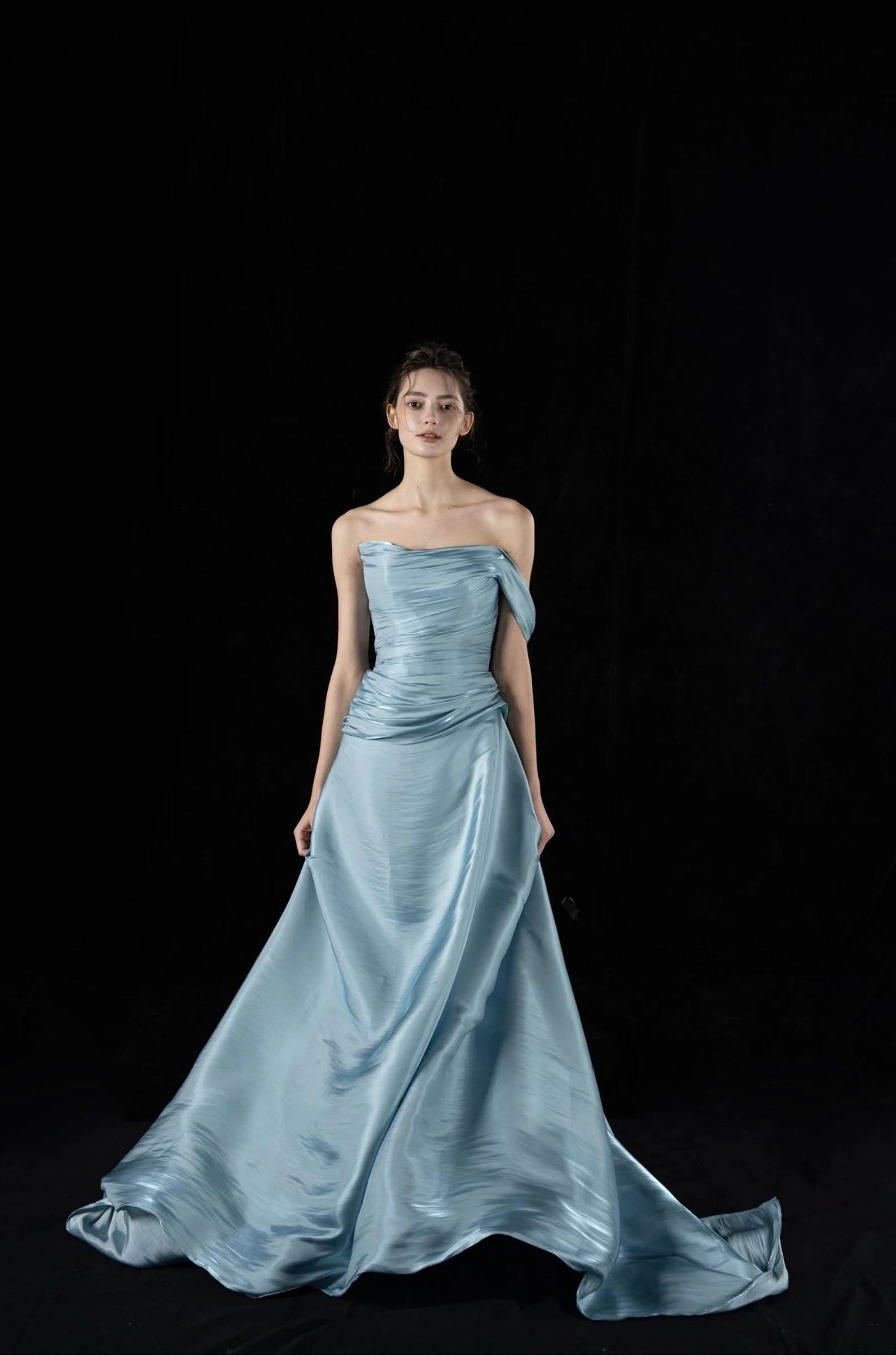 Light Blue Ruched Satin Evening Gown, Asymmetrical Off Shoulder Formal Dress, Draped Long Train Prom Gown